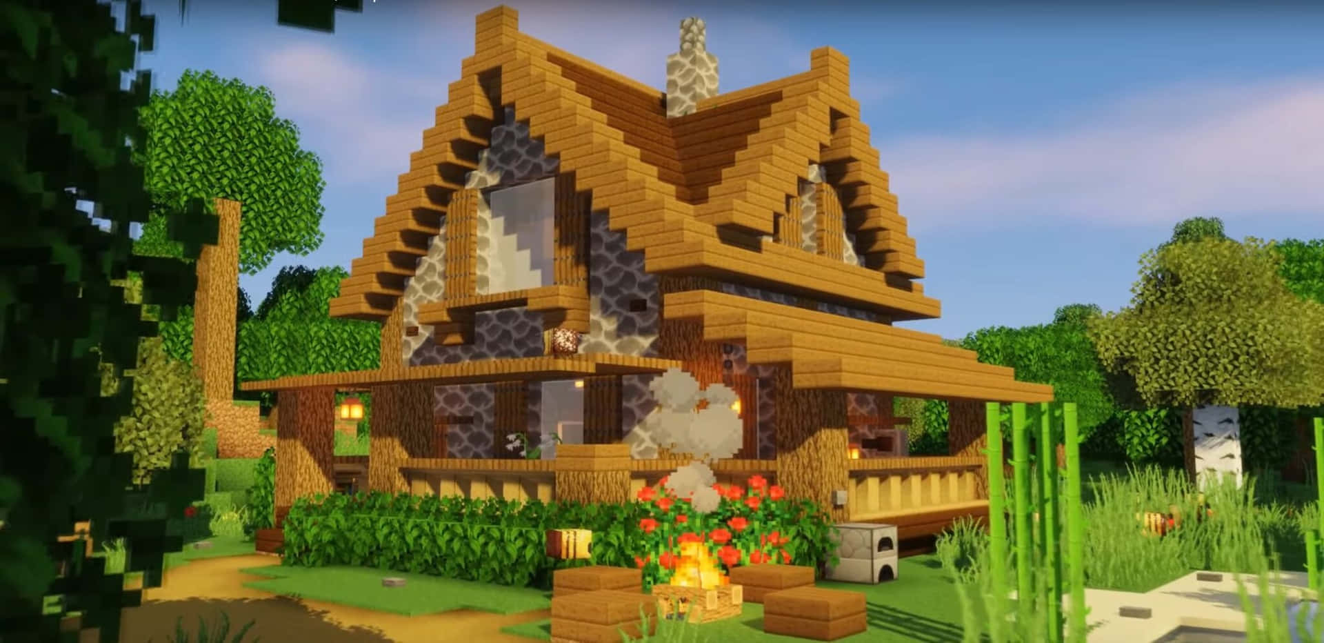 Minecraft Survival, pixelated wooden cabin, stone accents, Full HD Desktop Wallpaper