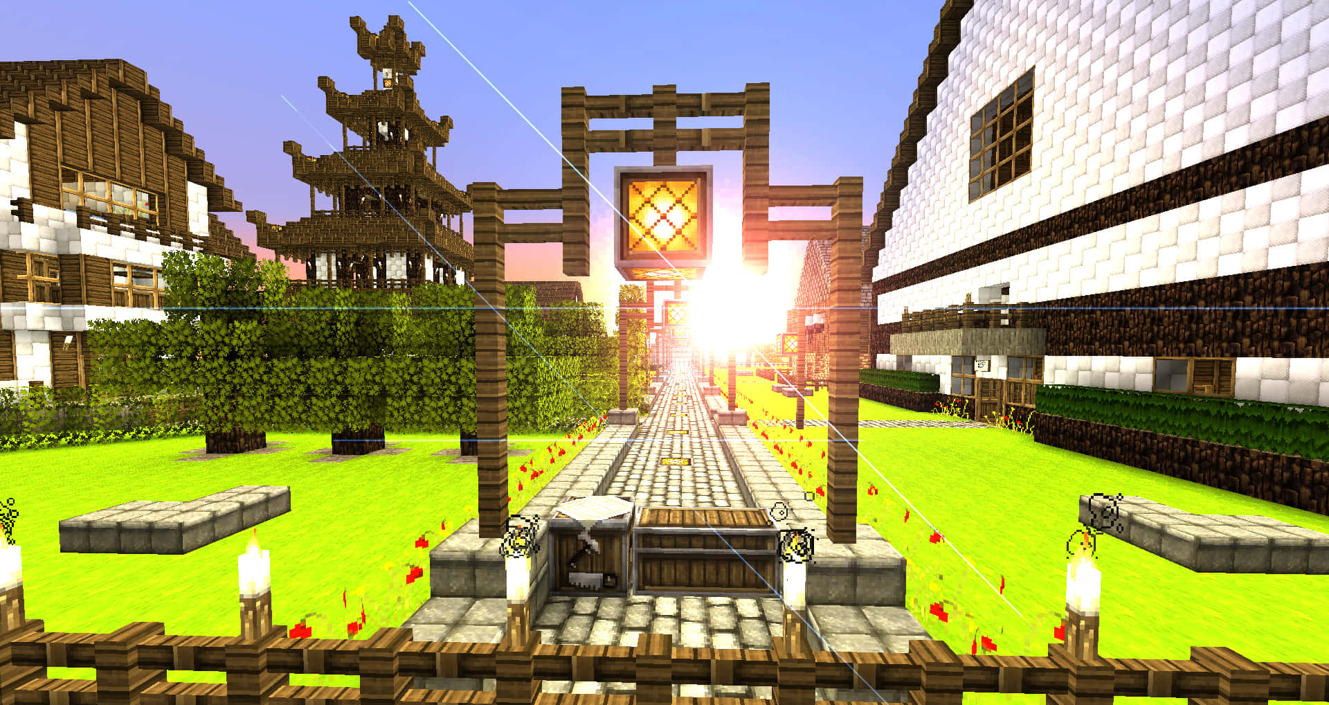 Minecraft Survival, village, sunset, Full HD Desktop Wallpaper