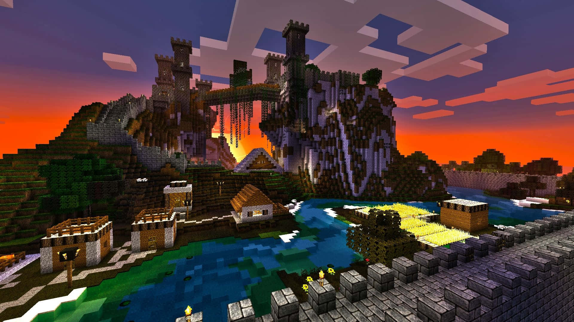 Minecraft, castle, cliff, Full HD Desktop Wallpaper