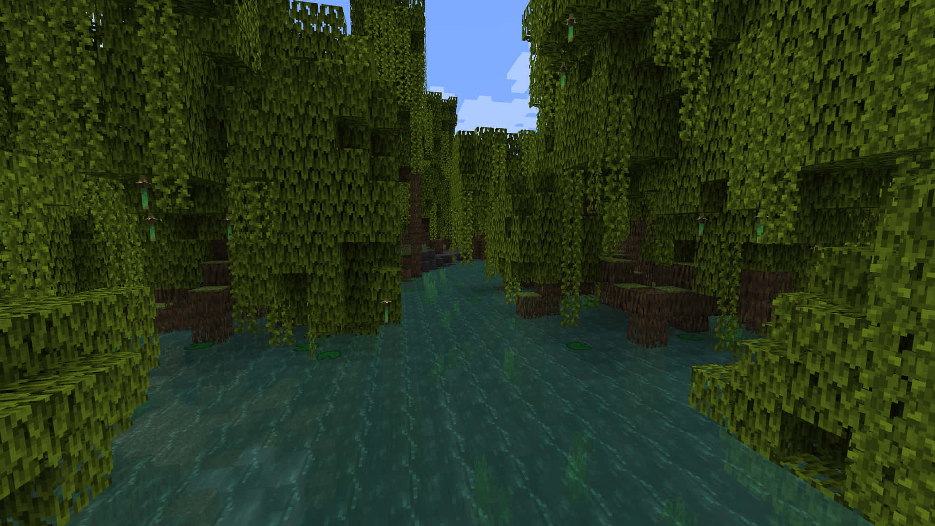 Minecraft Survival, pixelated Minecraft jungle, towering green trees, Full HD Desktop Wallpaper