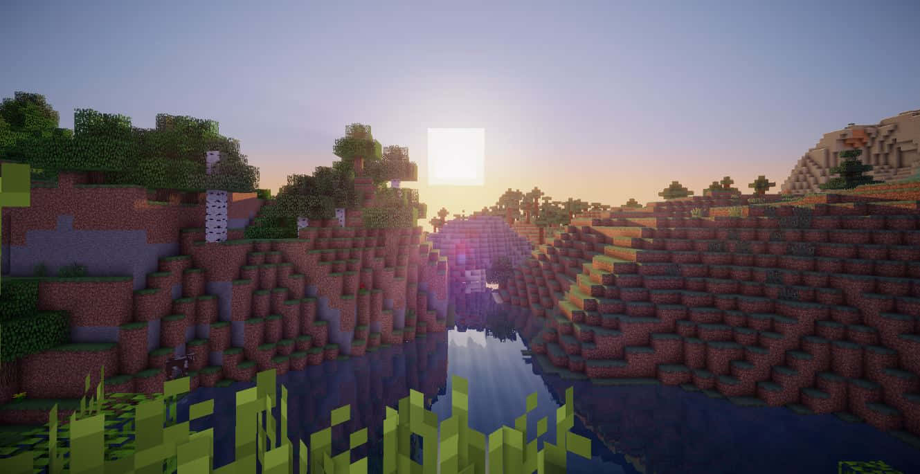 Minecraft Survival, sunset, blocky hills, HD Desktop Wallpaper