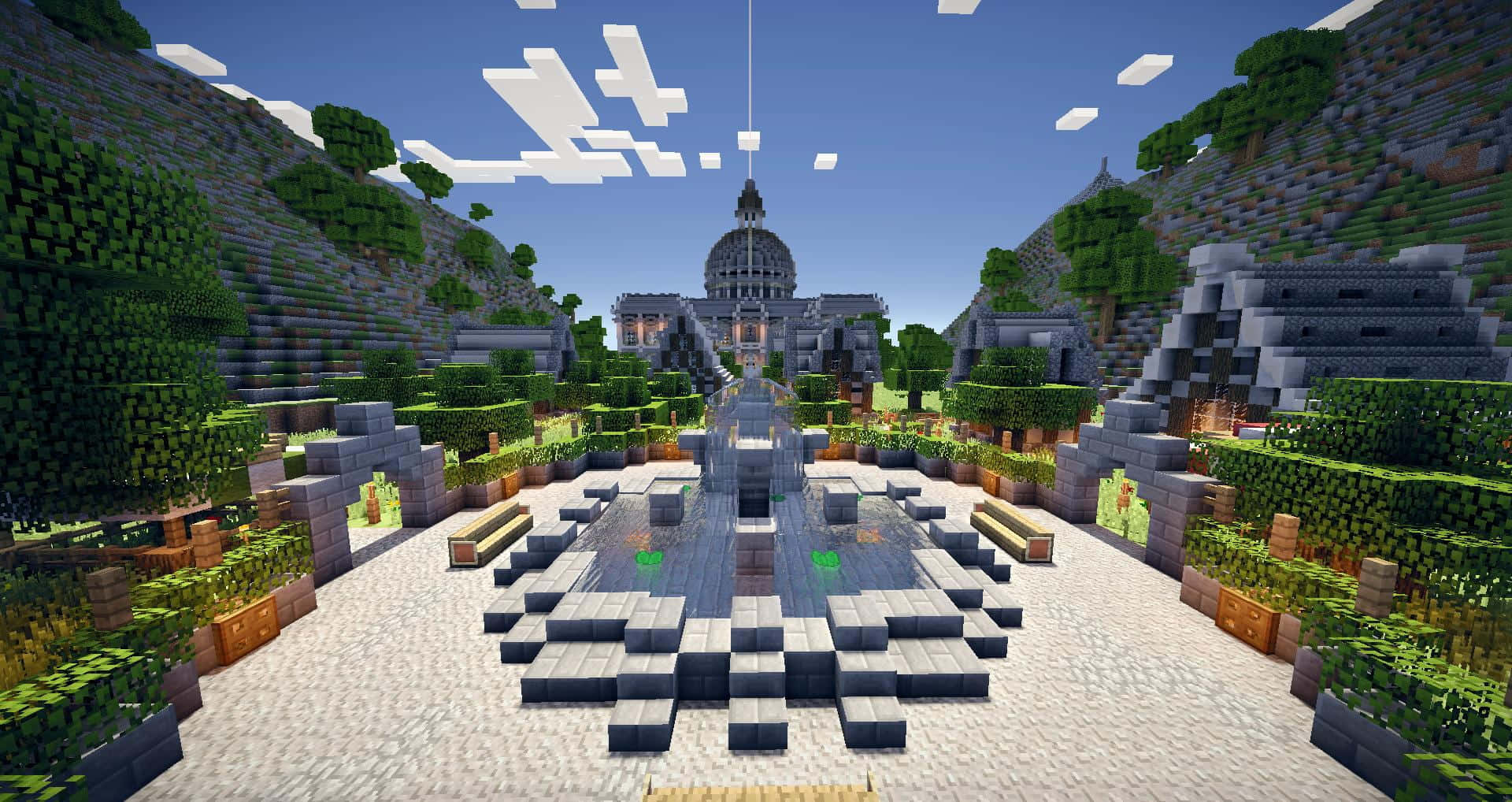Minecraft, temple, fountain, Full HD Desktop Wallpaper