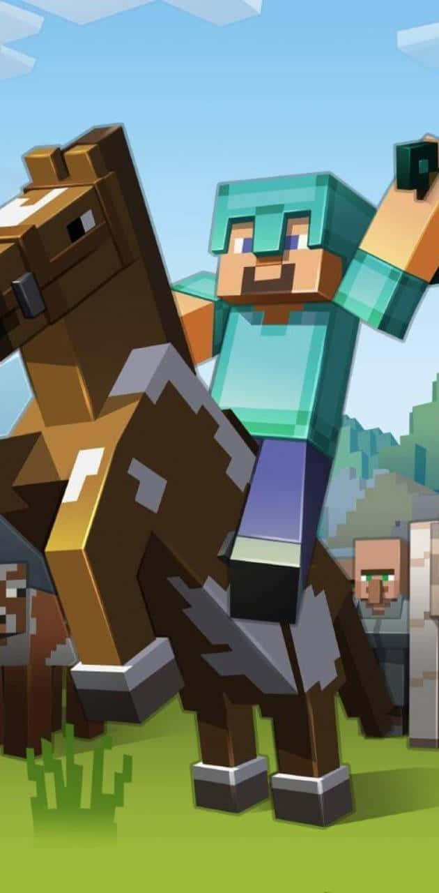 Minecraft, pixelated Minecraft character, brown horse, HD Phone Wallpaper