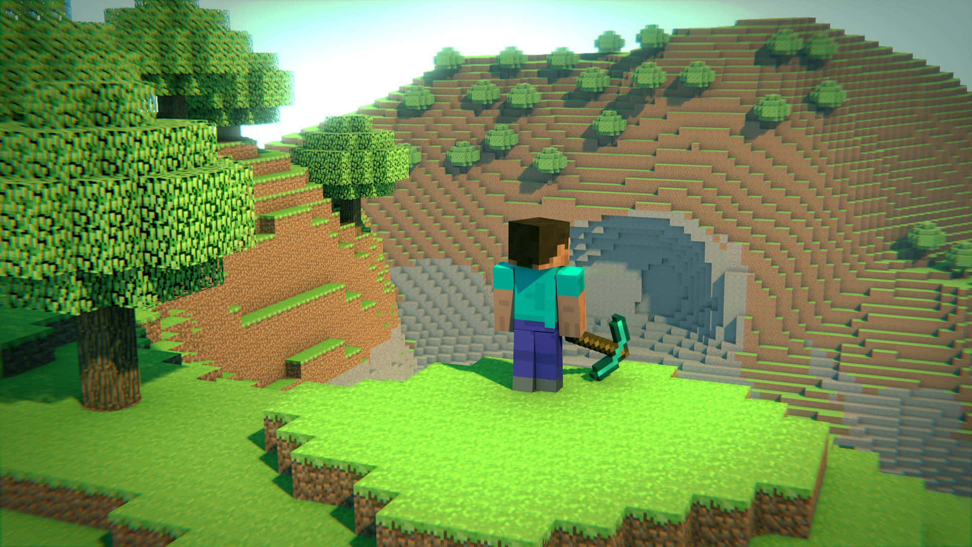 Minecraft, cave entrance, blocky pixelated landscape, Full HD Desktop Wallpaper