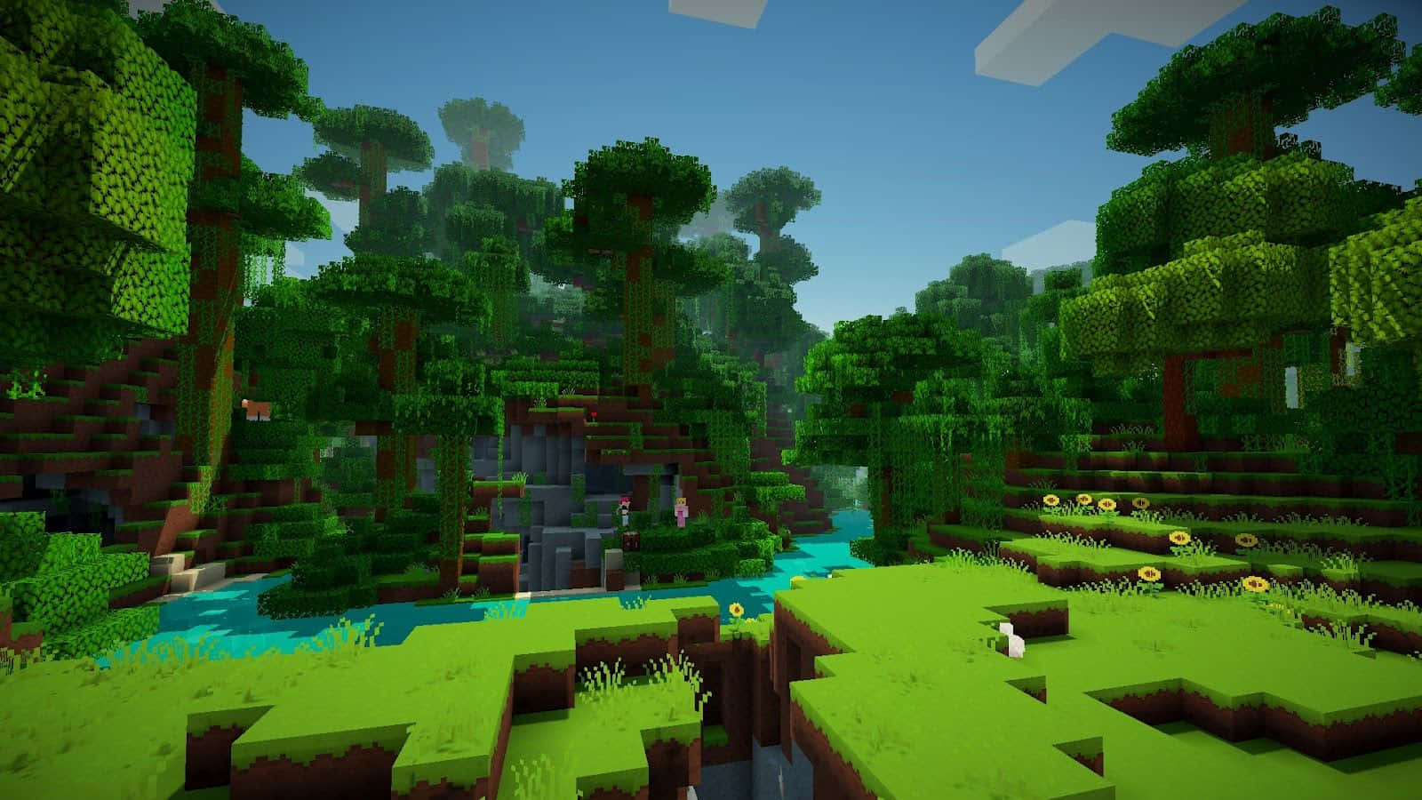 Minecraft, pixelated trees, rivers, HD Desktop Wallpaper