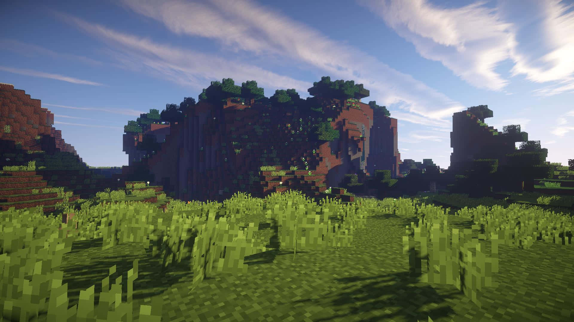 Minecraft, shaders, green grassy plains, Full HD Desktop Wallpaper