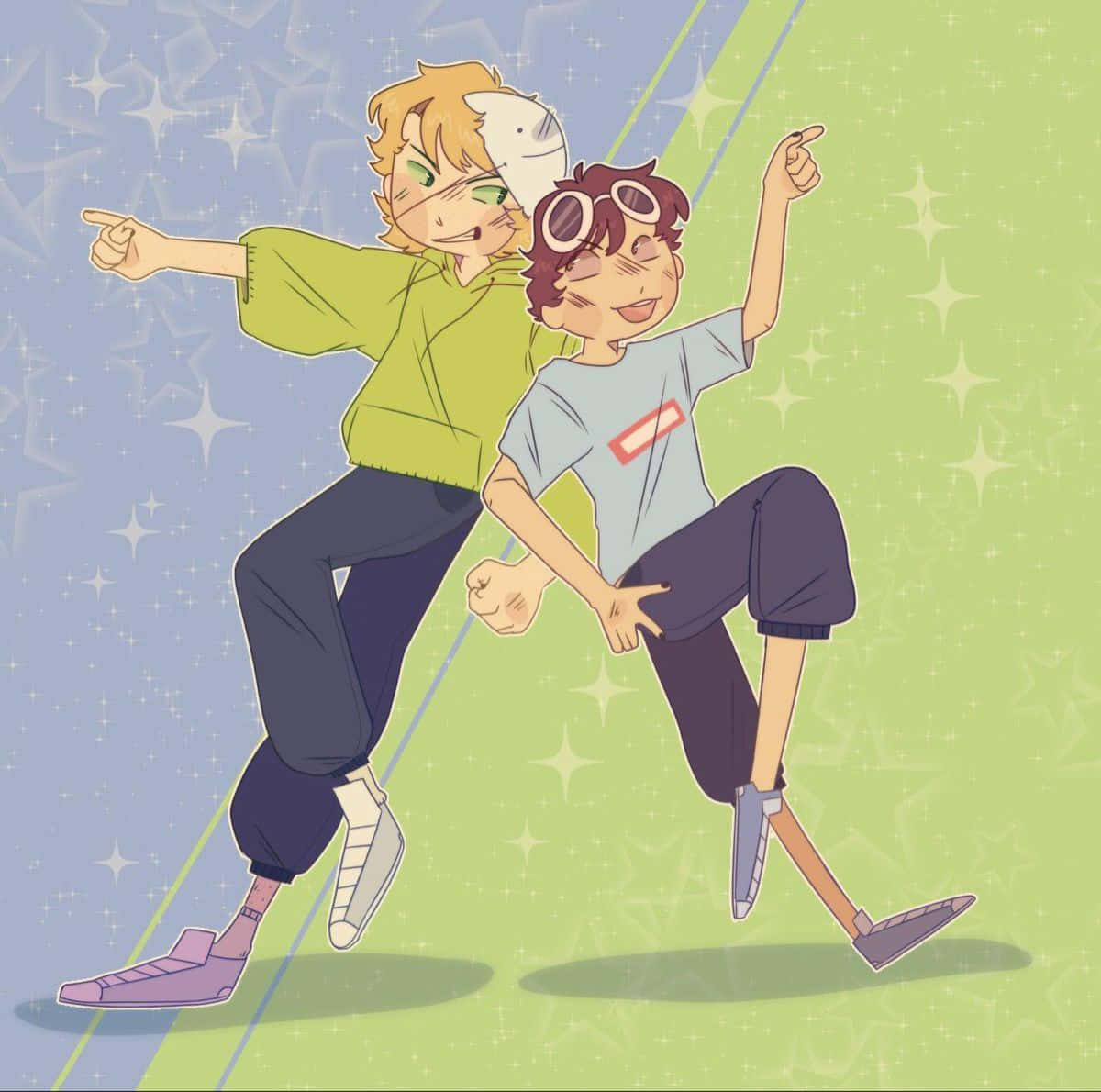 Minecraft Twitch Streamers, anime-style boys, starry split blue and green background, SD Desktop Wallpaper