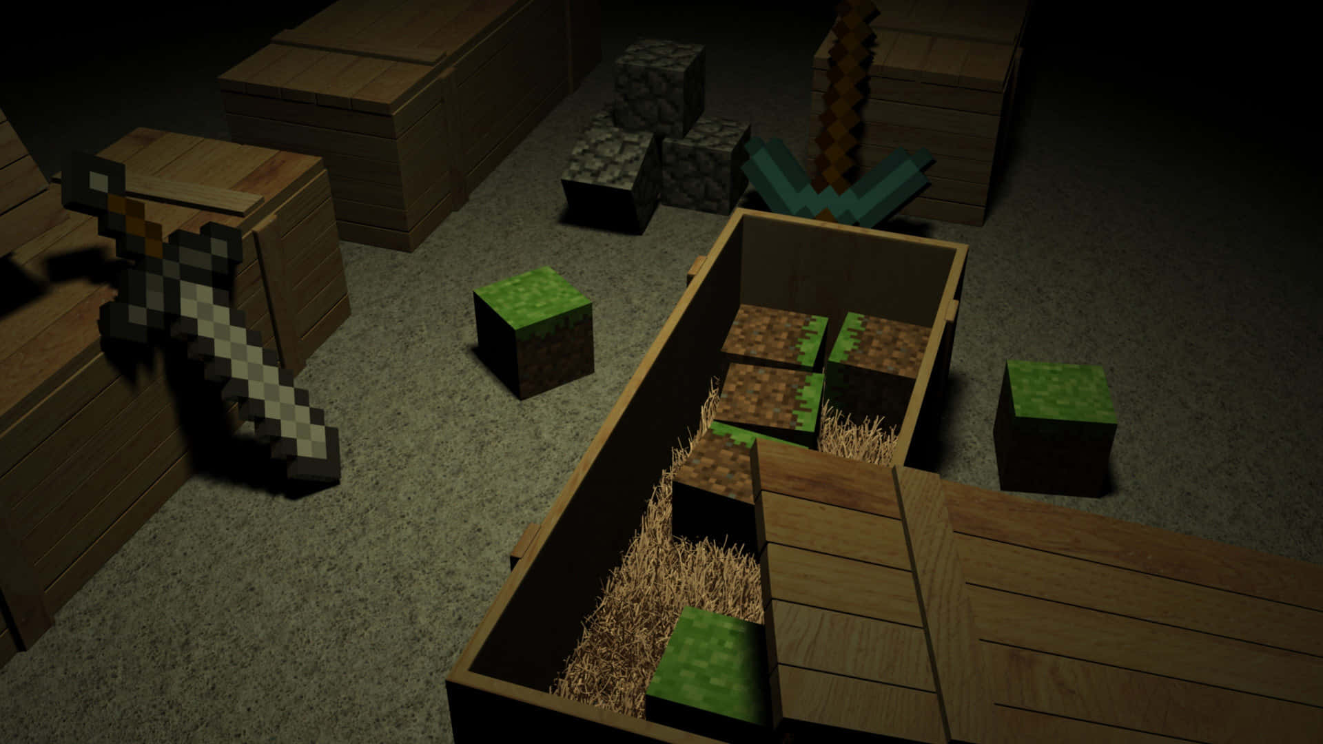 Minecraft, pixelated blocks, sword, Full HD Desktop Wallpaper