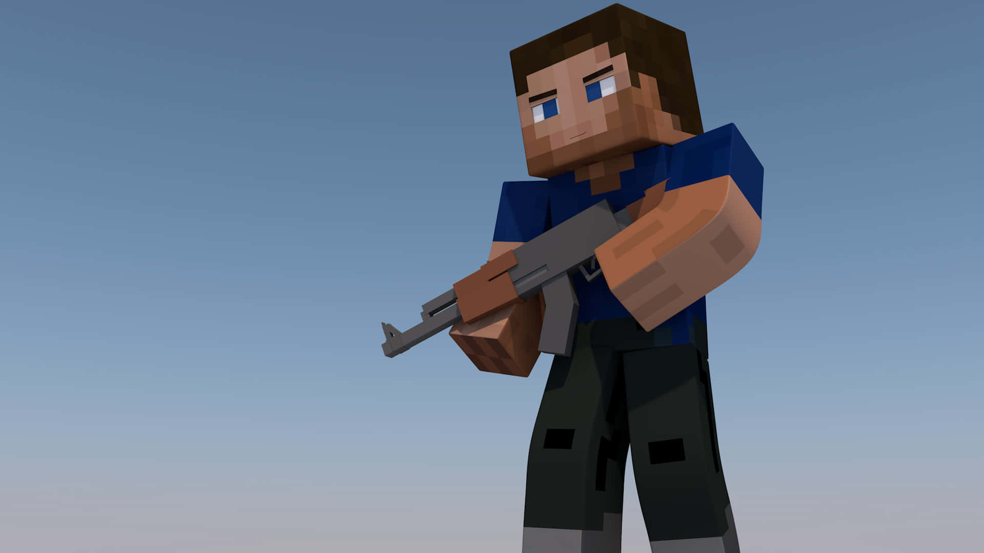 Minecraft, rifle, pixelated Minecraft character, Full HD Desktop Wallpaper