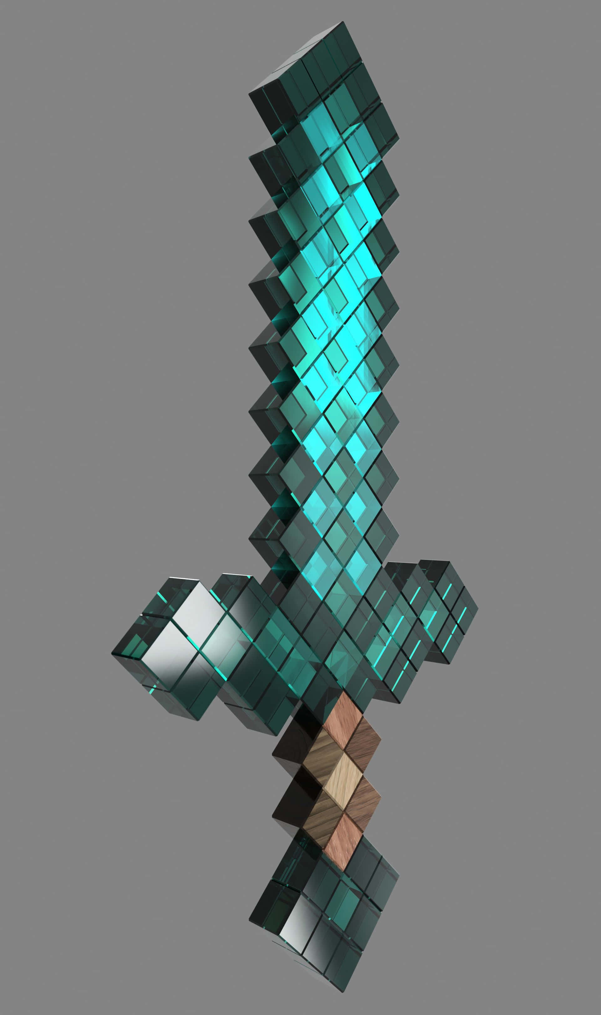 Minecraft Weapons, glowing cyan diamond sword, pixelated blocks, 2K Phone Wallpaper