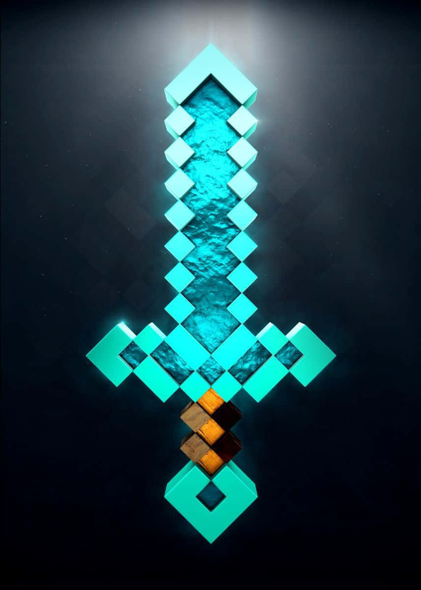 Minecraft Weapons, glowing cyan diamond sword, pixelated blocks, SD Phone Wallpaper