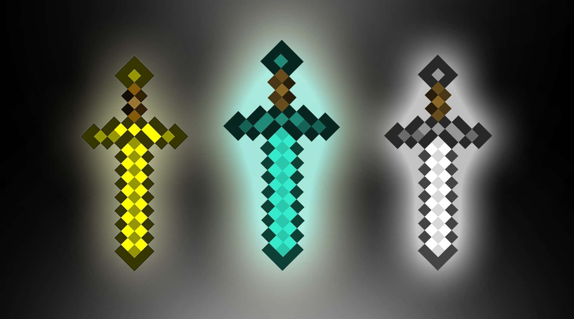 Minecraft Weapons, pixelated swords, radiant light, Full HD Desktop Wallpaper
