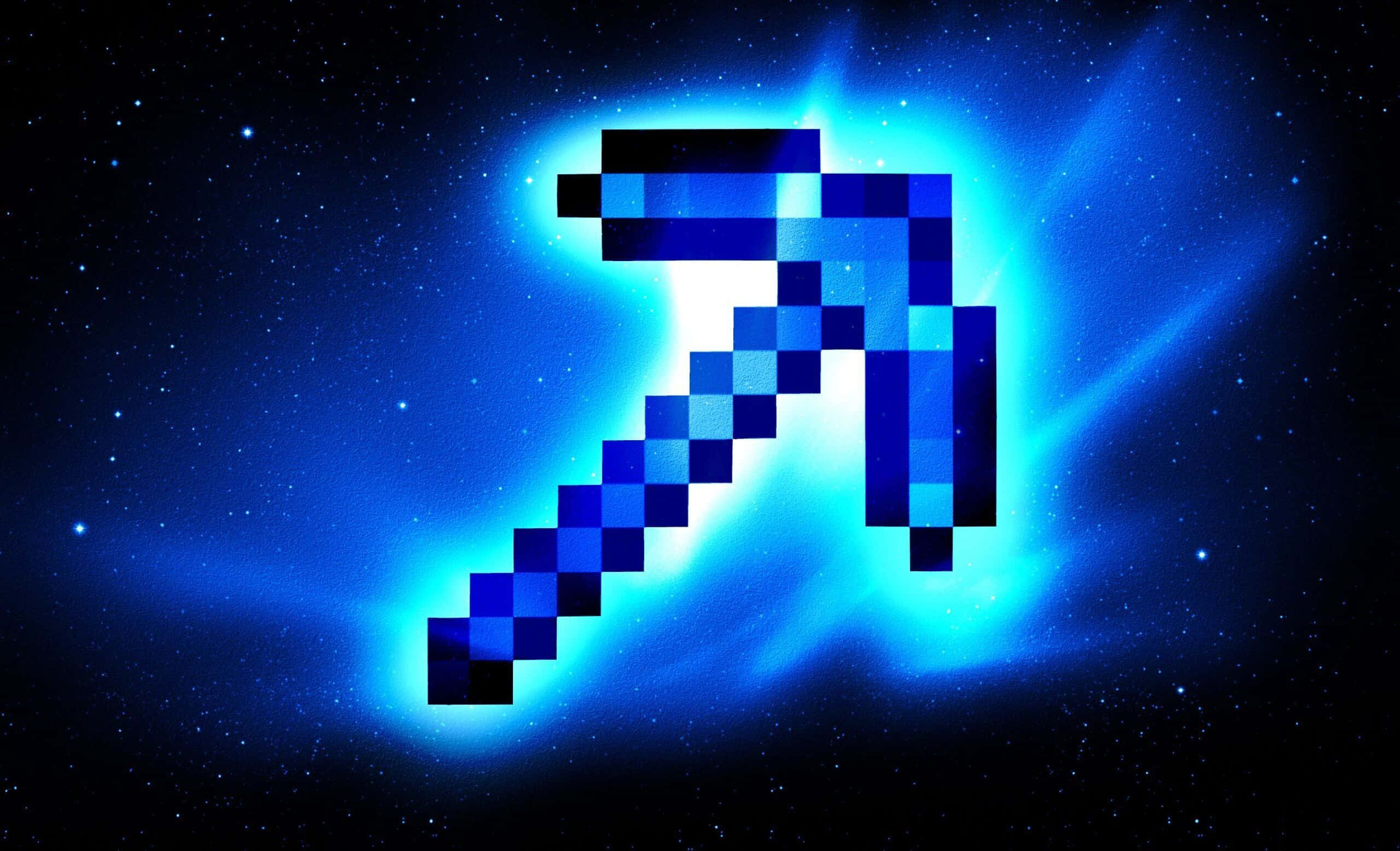 Minecraft Weapons, glowing blue pixelated pickaxe, starry cosmic background, 2K Desktop Wallpaper