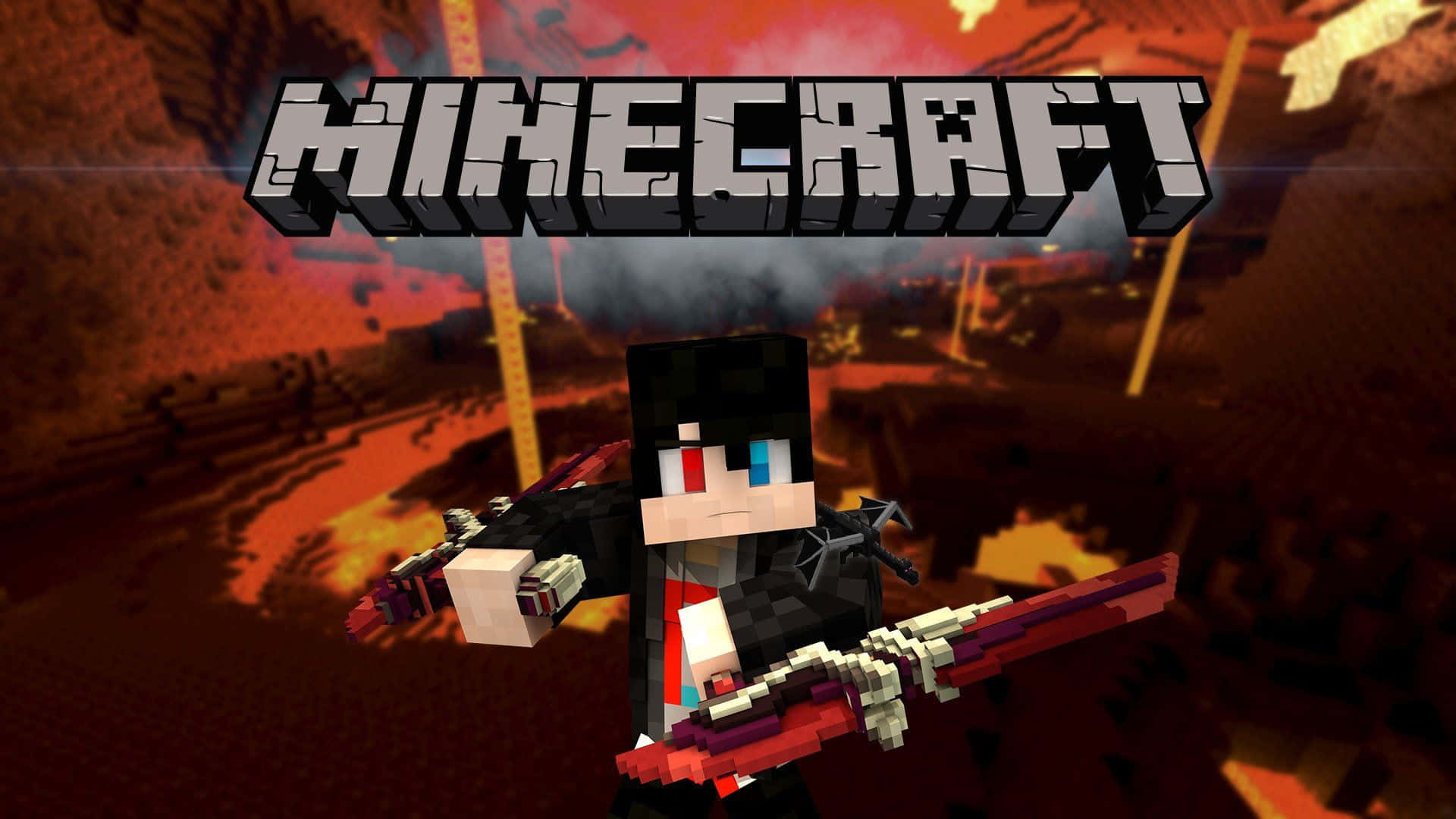 Minecraft, red weapons, fiery nether landscape, Full HD Desktop Wallpaper