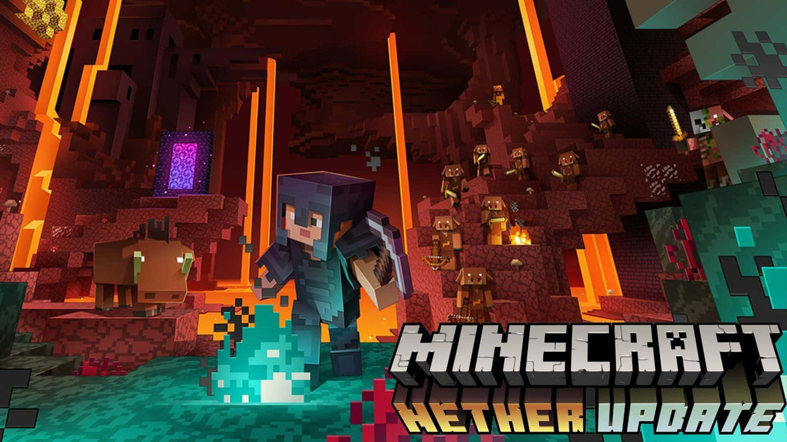 Minecraft, pixelated armor, fiery nether fortress, HD Desktop Wallpaper