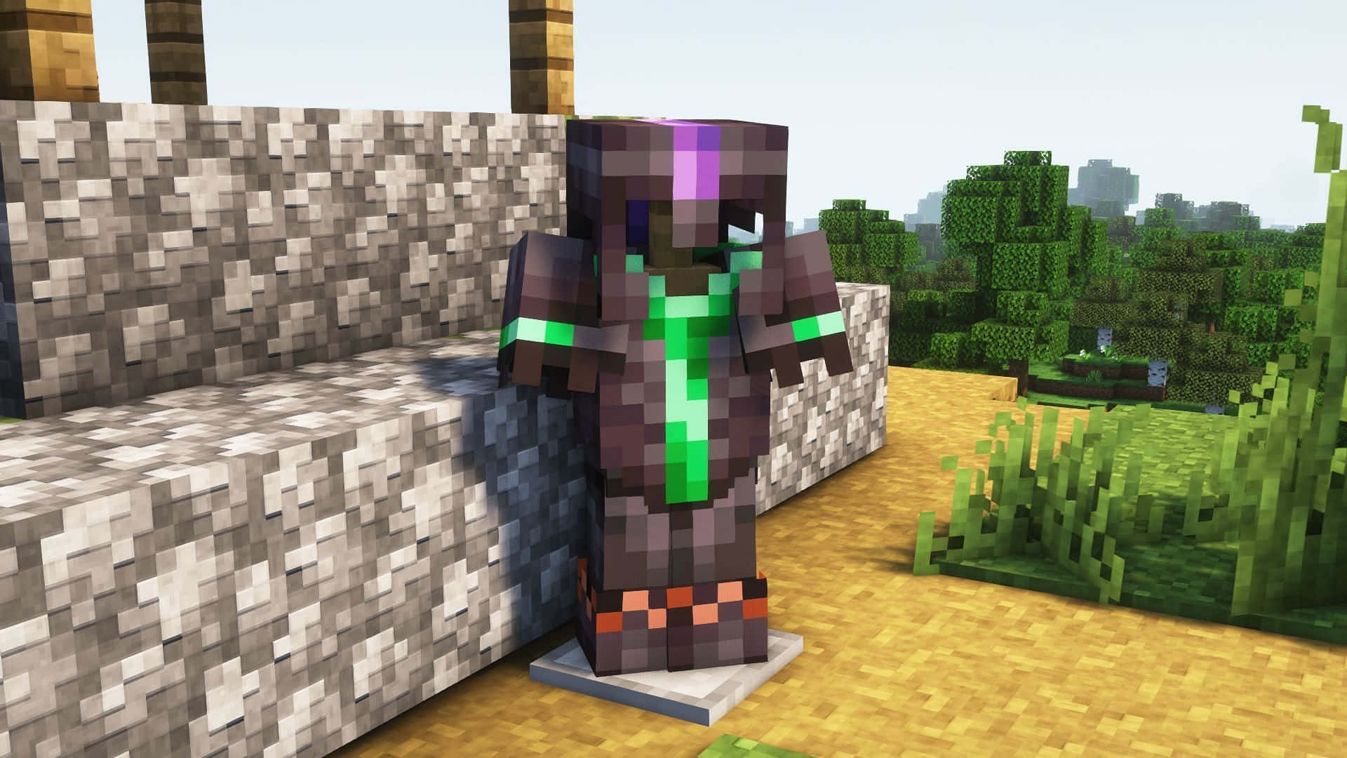 Minecraft, glowing green armor, stone wall, Full HD Desktop Wallpaper