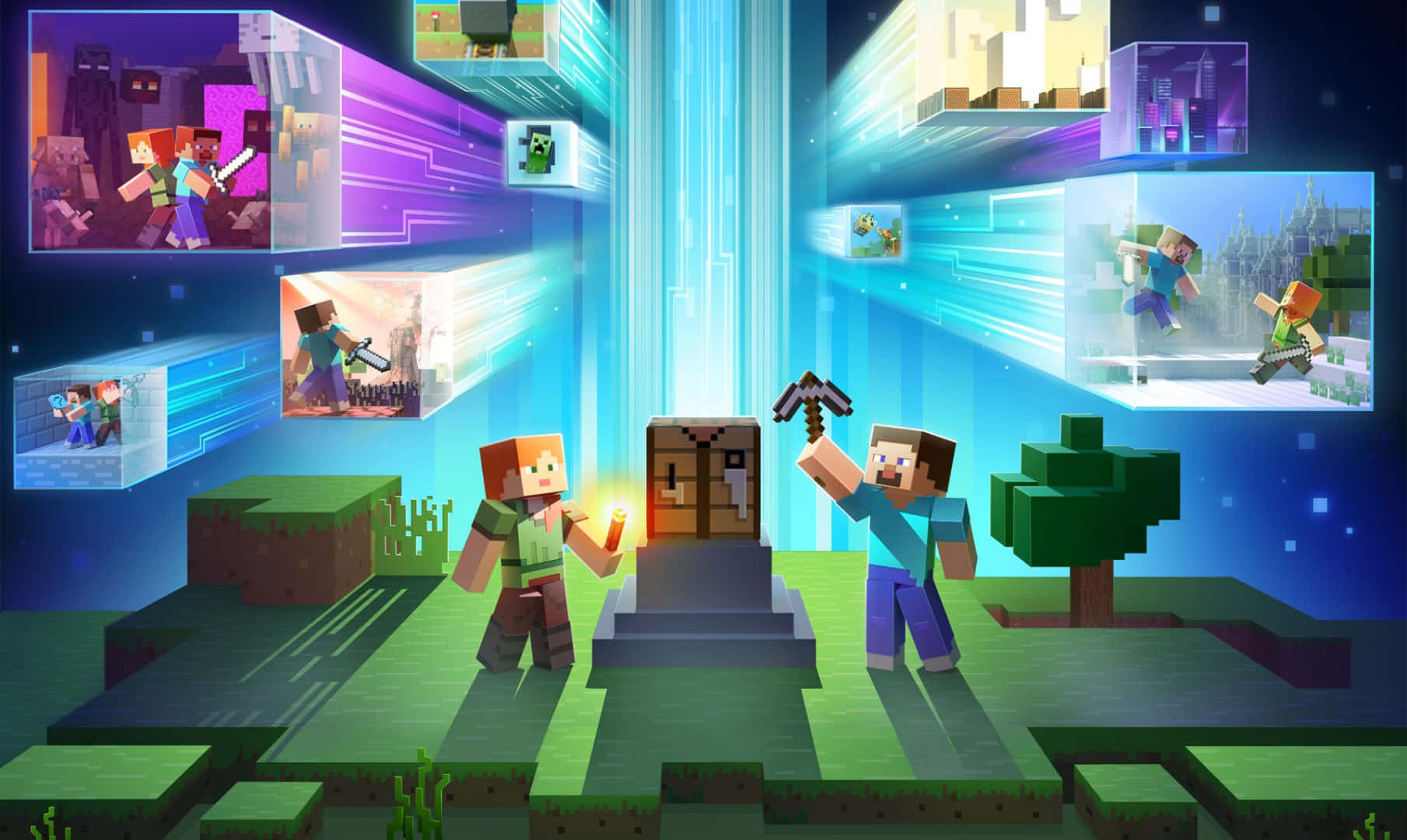Minecraft, blocky green landscape, glowing blue beam, HD Desktop Wallpaper