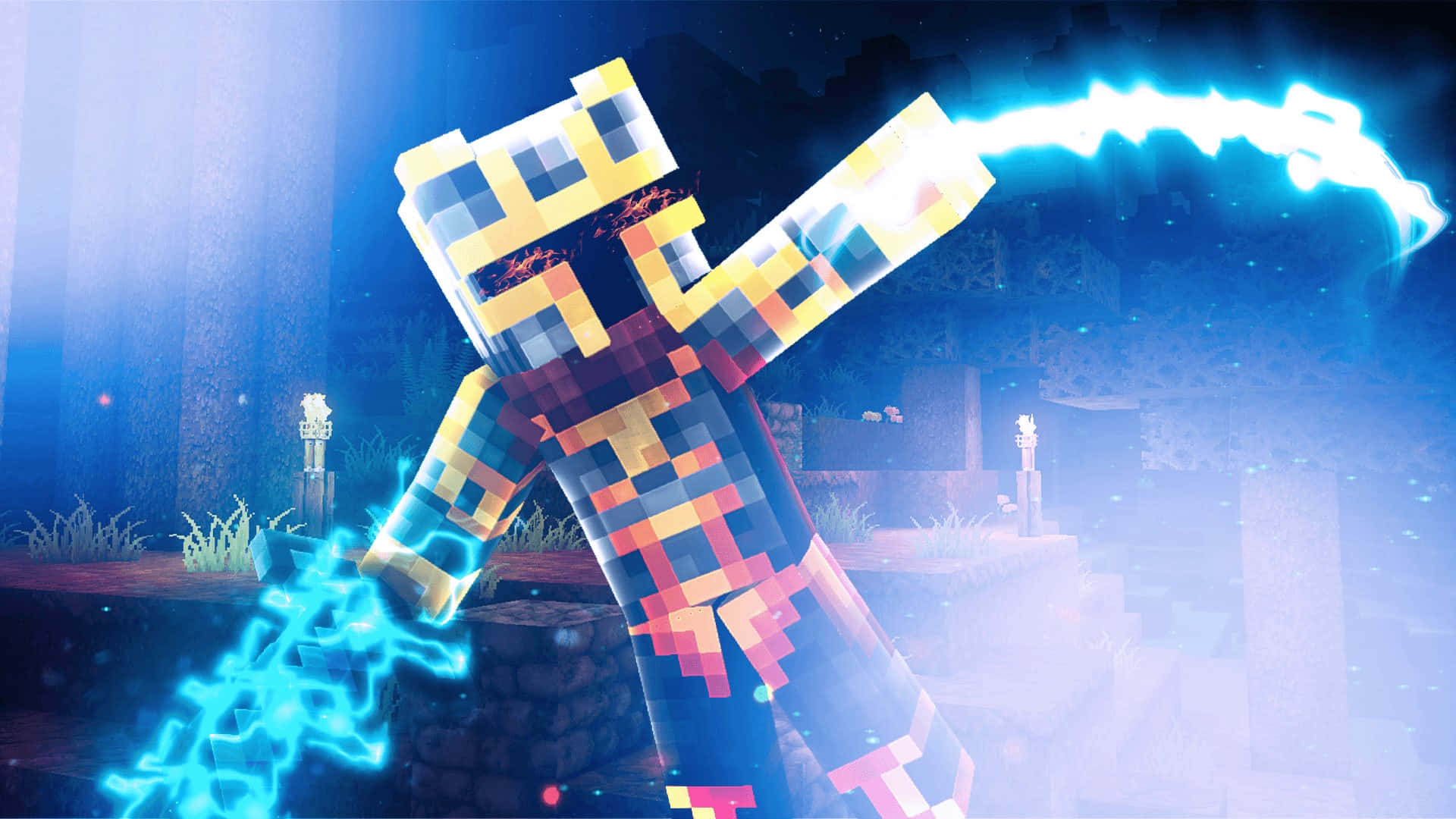 Minecraft character, glowing blue lightning sword, mystical forest, Full HD Desktop Wallpaper