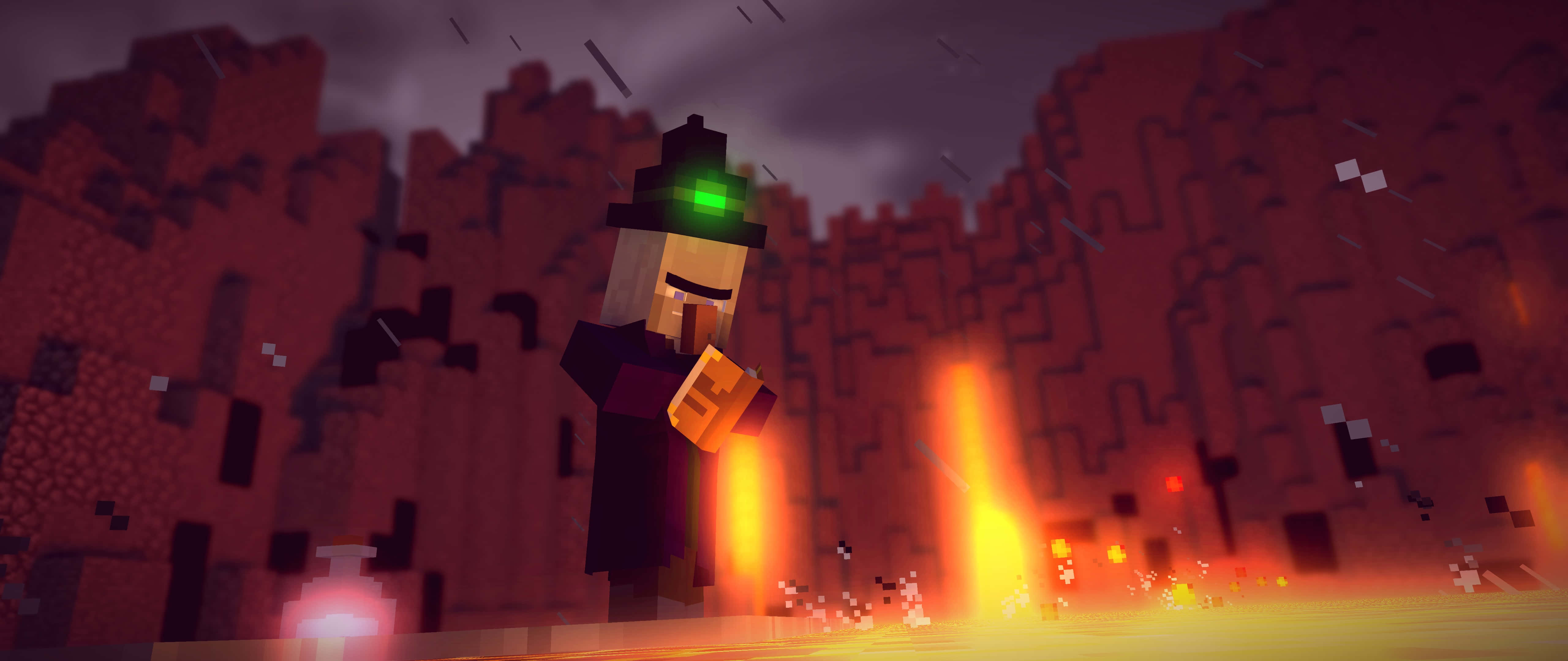 Minecraft Witch, fiery nether landscape, glowing lava, 5K Desktop Wallpaper