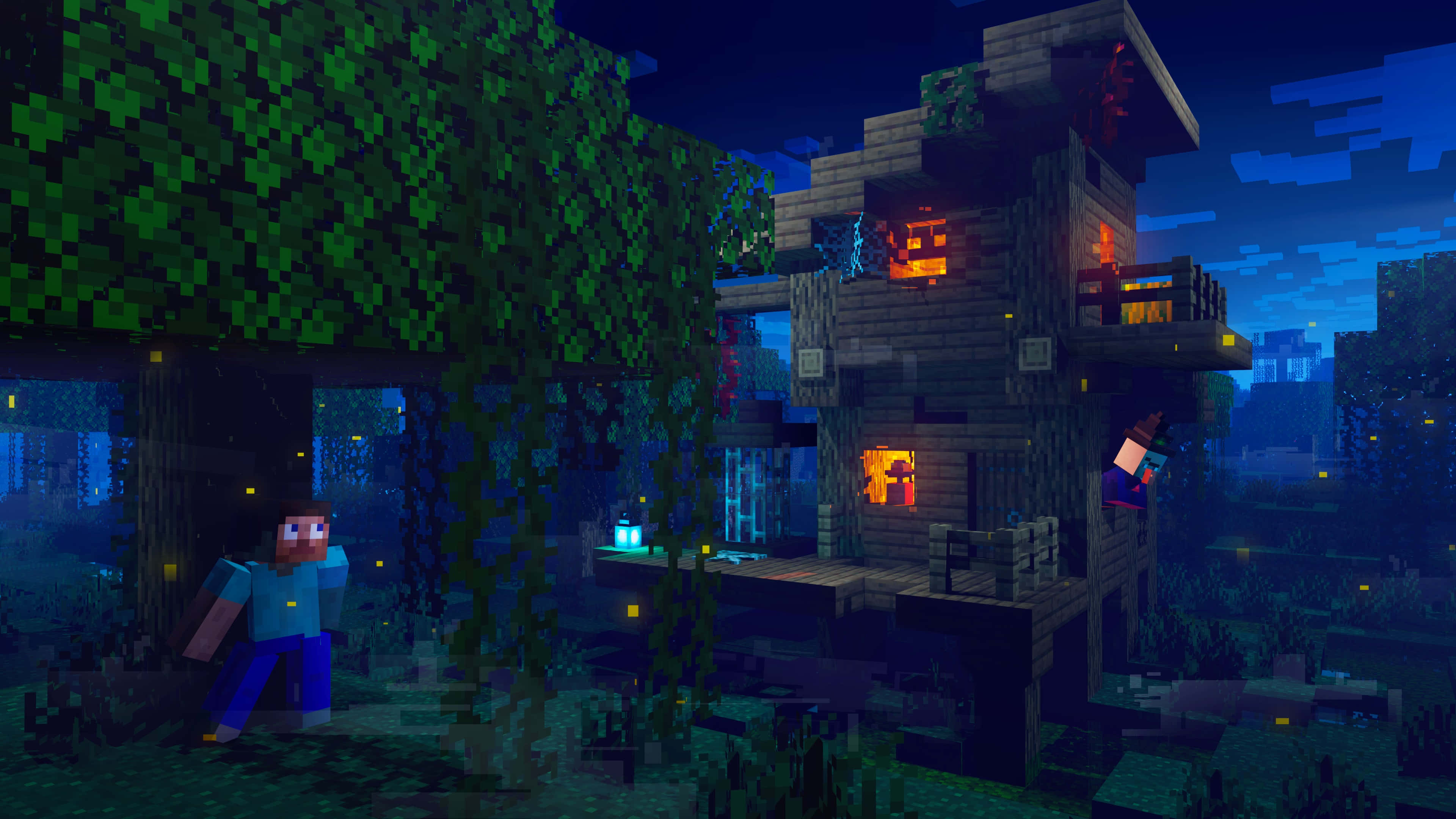 Minecraft Witch, glowing treehouse, pixelated foliage, 4K Desktop Wallpaper