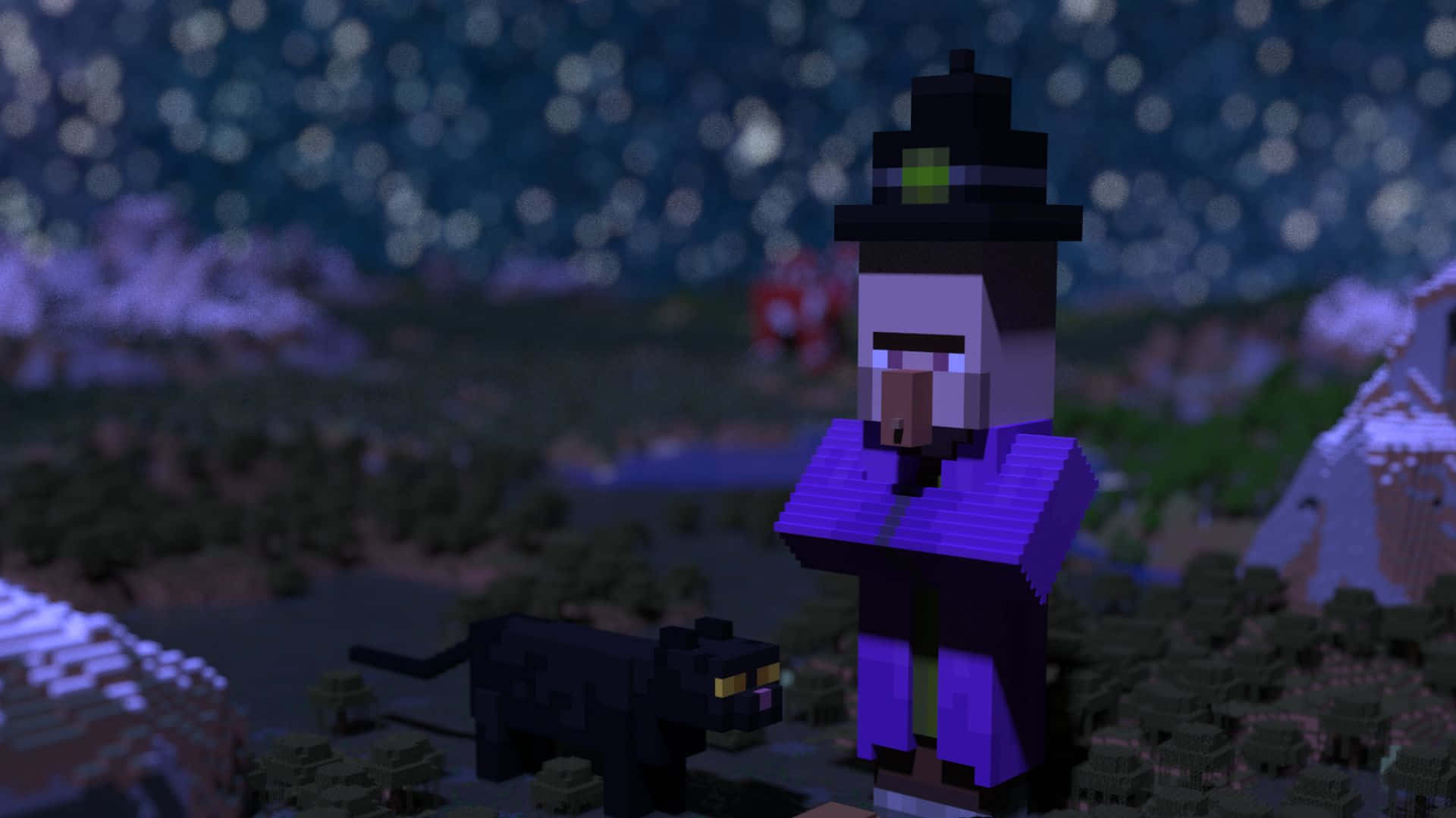 Minecraft witch, purple robes, black hat, Full HD Desktop Wallpaper