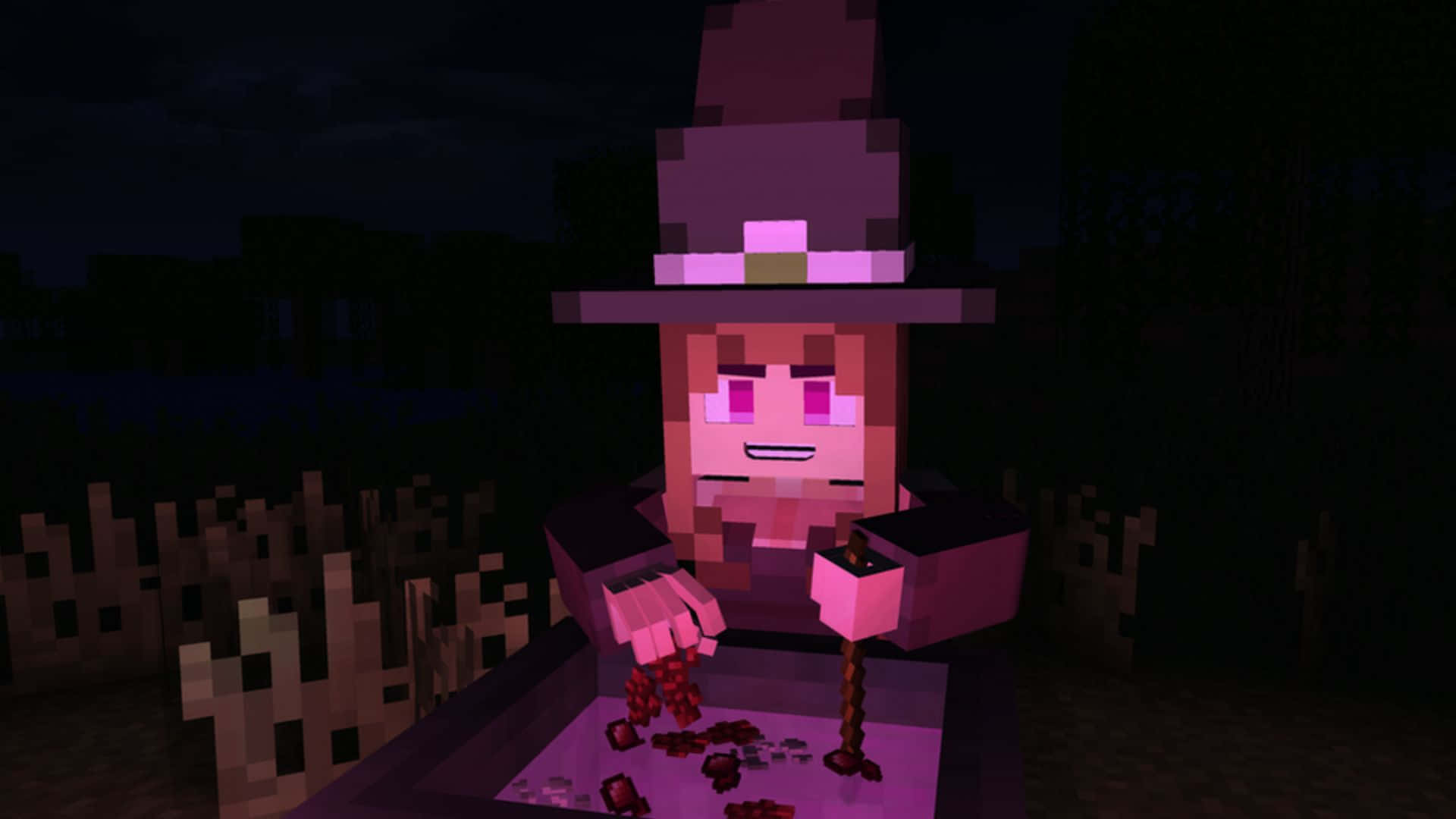 Minecraft Witch, purple hat, brewing potions, Full HD Desktop Wallpaper
