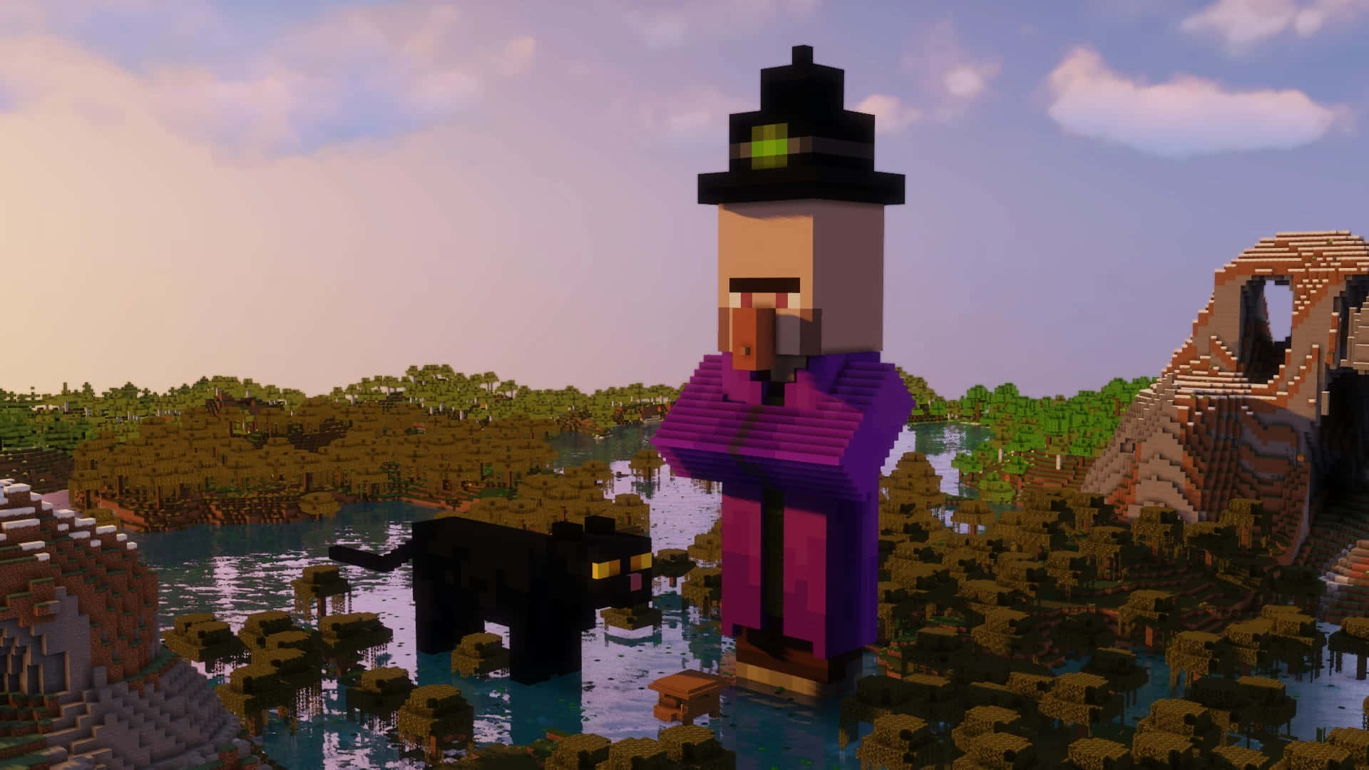 Minecraft Witch, purple robe, black hat, Full HD Desktop Wallpaper