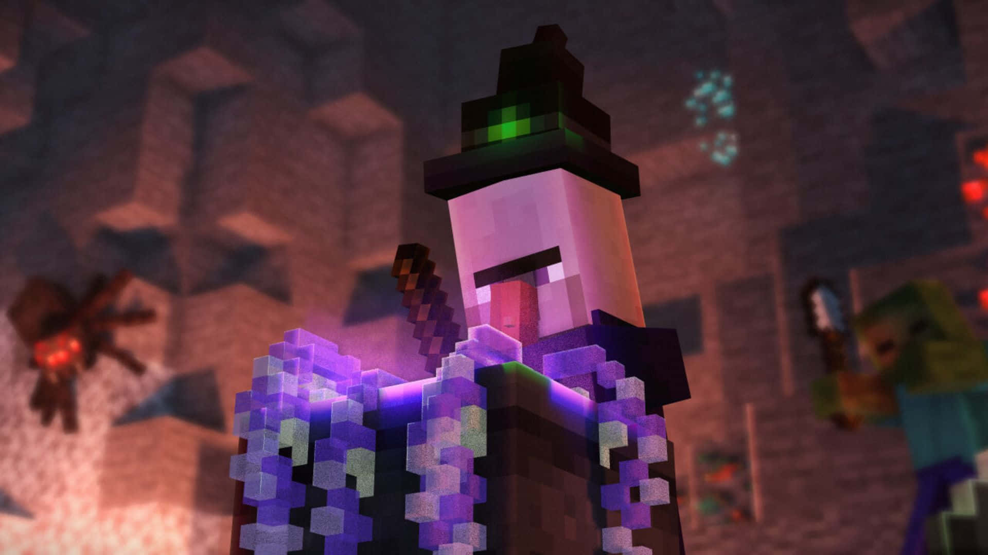 Minecraft witch, purple robe, green hat, Full HD Desktop Wallpaper