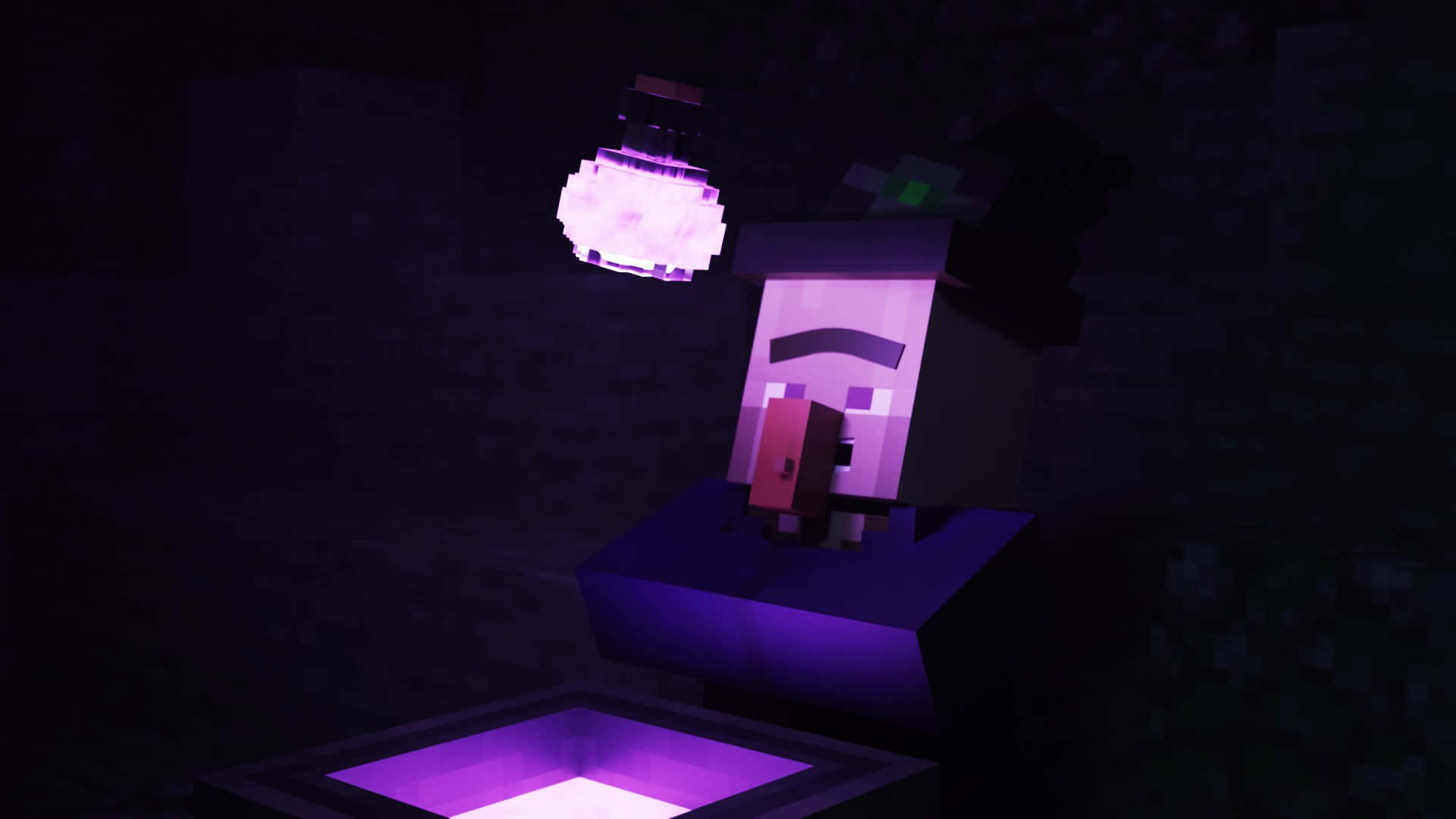 Minecraft Witch, glowing purple potion, dark cave, Full HD Desktop Wallpaper