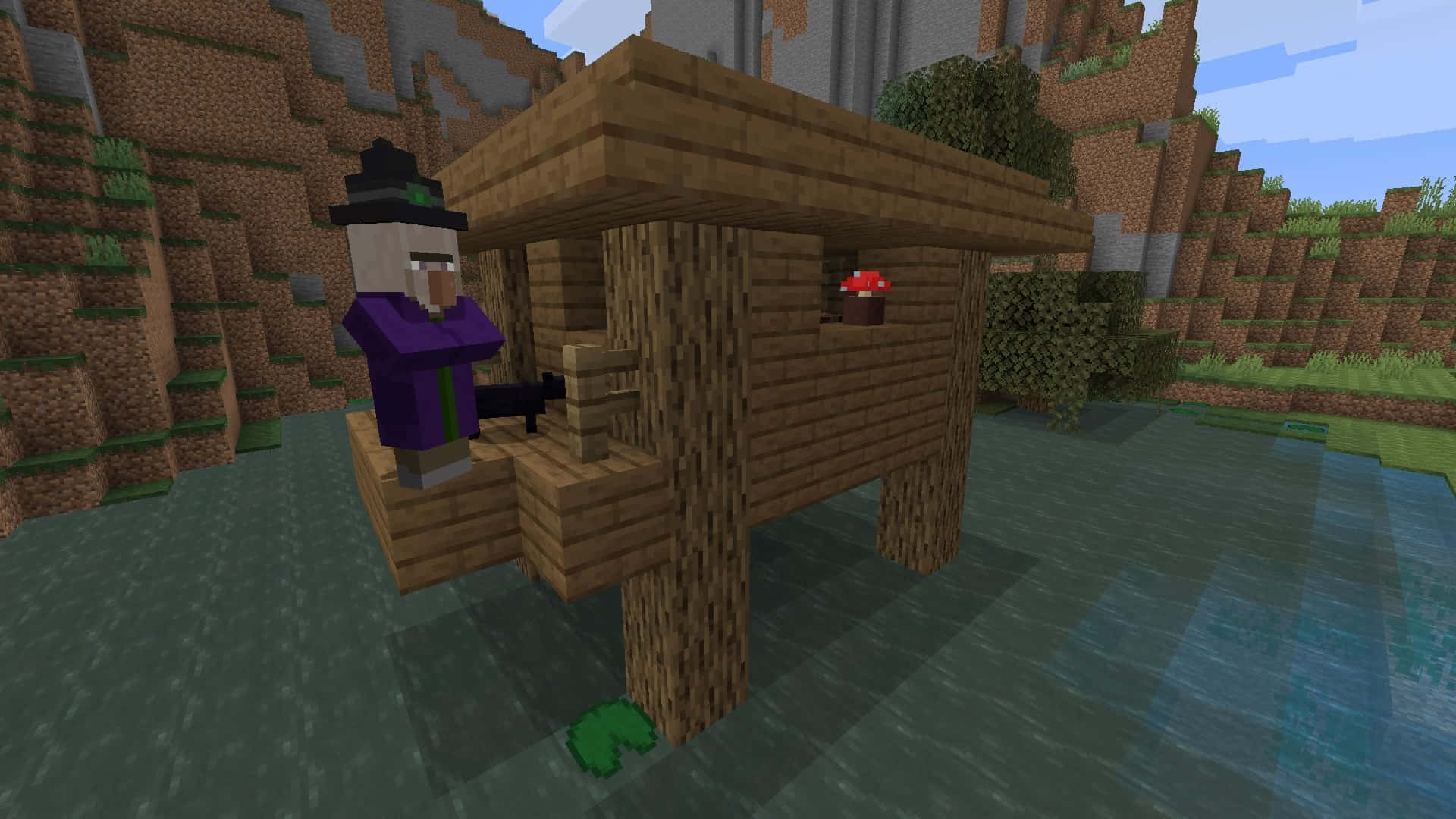 Minecraft witch, wooden platform, water, Full HD Desktop Wallpaper
