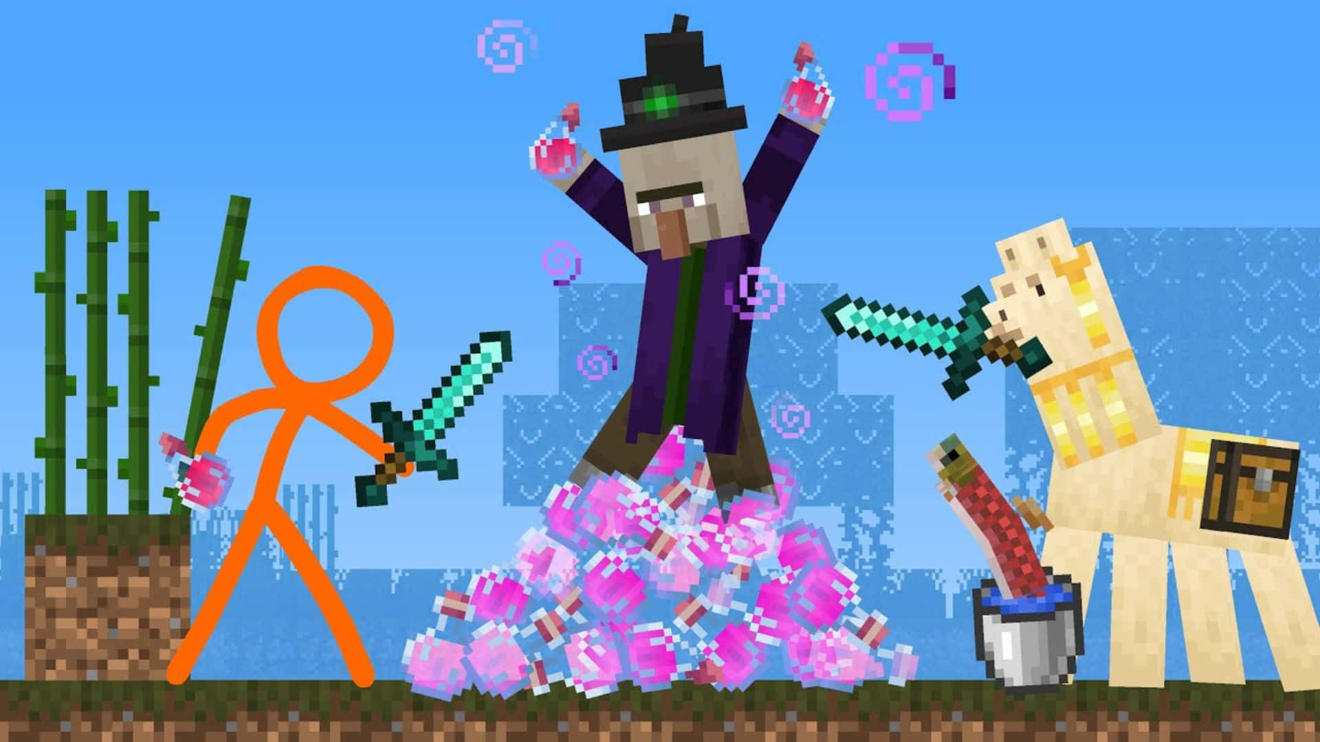 Minecraft witch, blocky fantasy scene, dimly-lit hut, Full HD Desktop Wallpaper