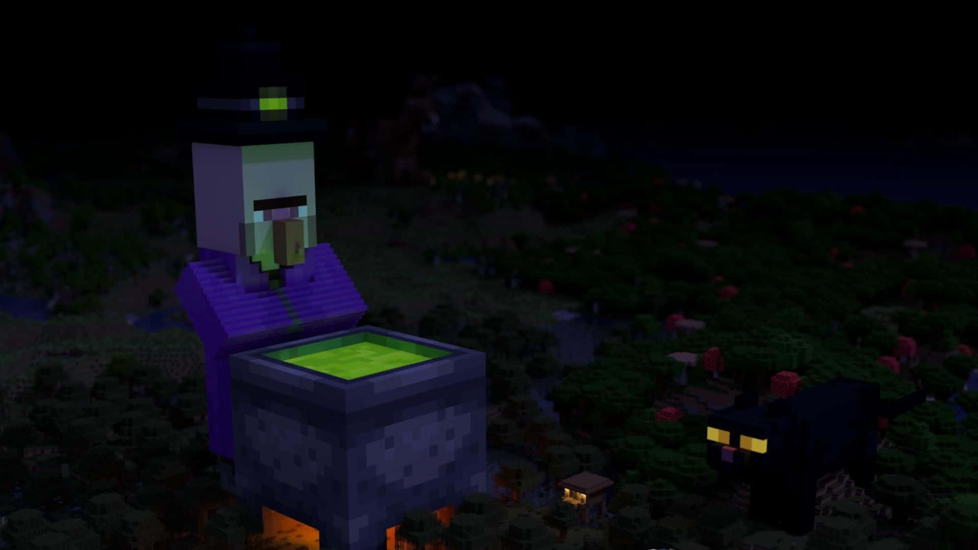 Minecraft Witch, purple robes, glowing green cauldron, Full HD Desktop Wallpaper