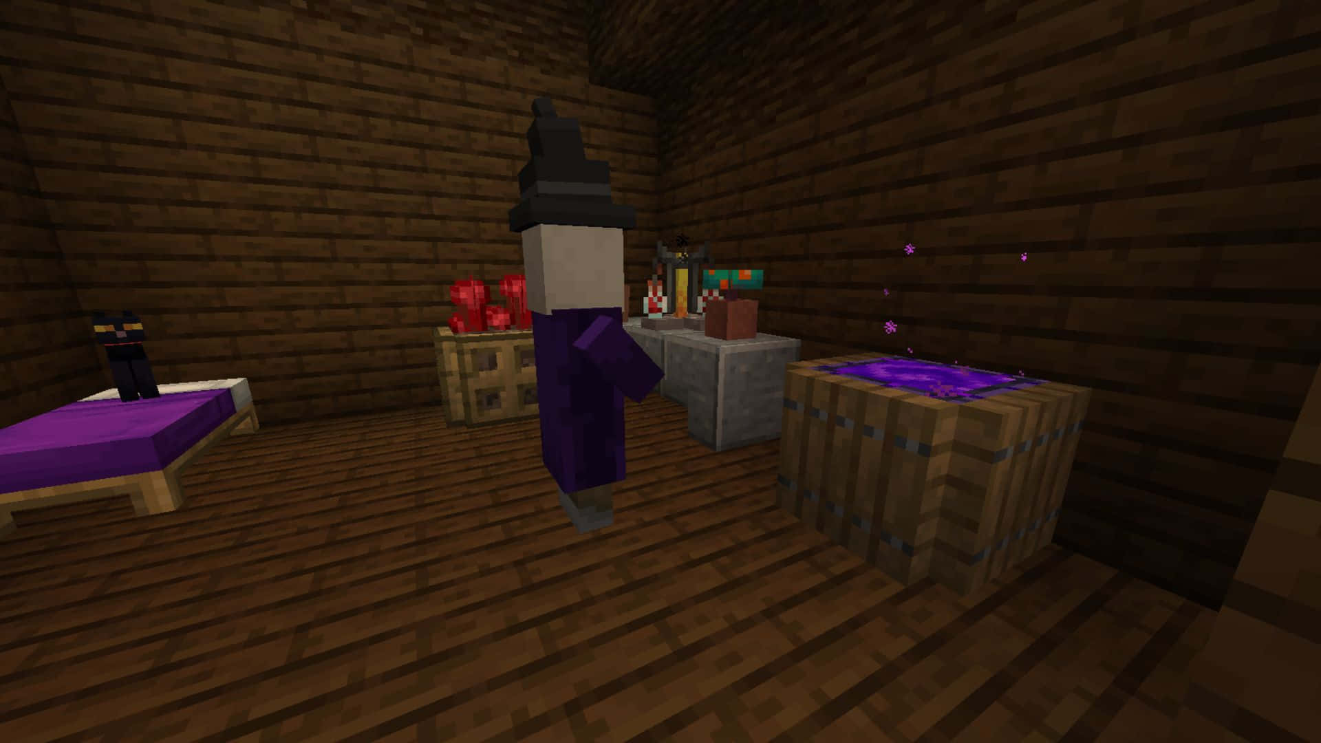 Minecraft witch, wooden cabin, purple bed, Full HD Desktop Wallpaper