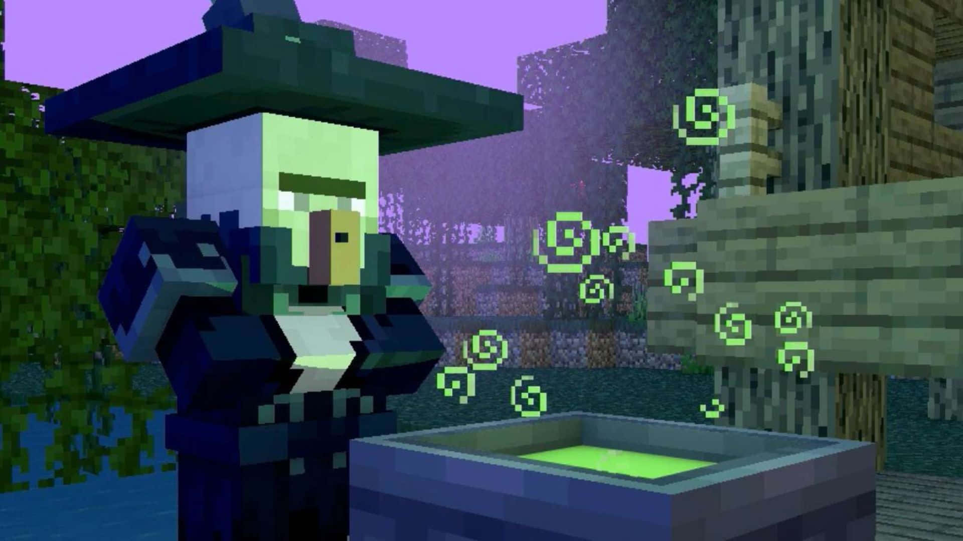 Minecraft Witch, glowing cauldron, green swirls, Full HD Desktop Wallpaper