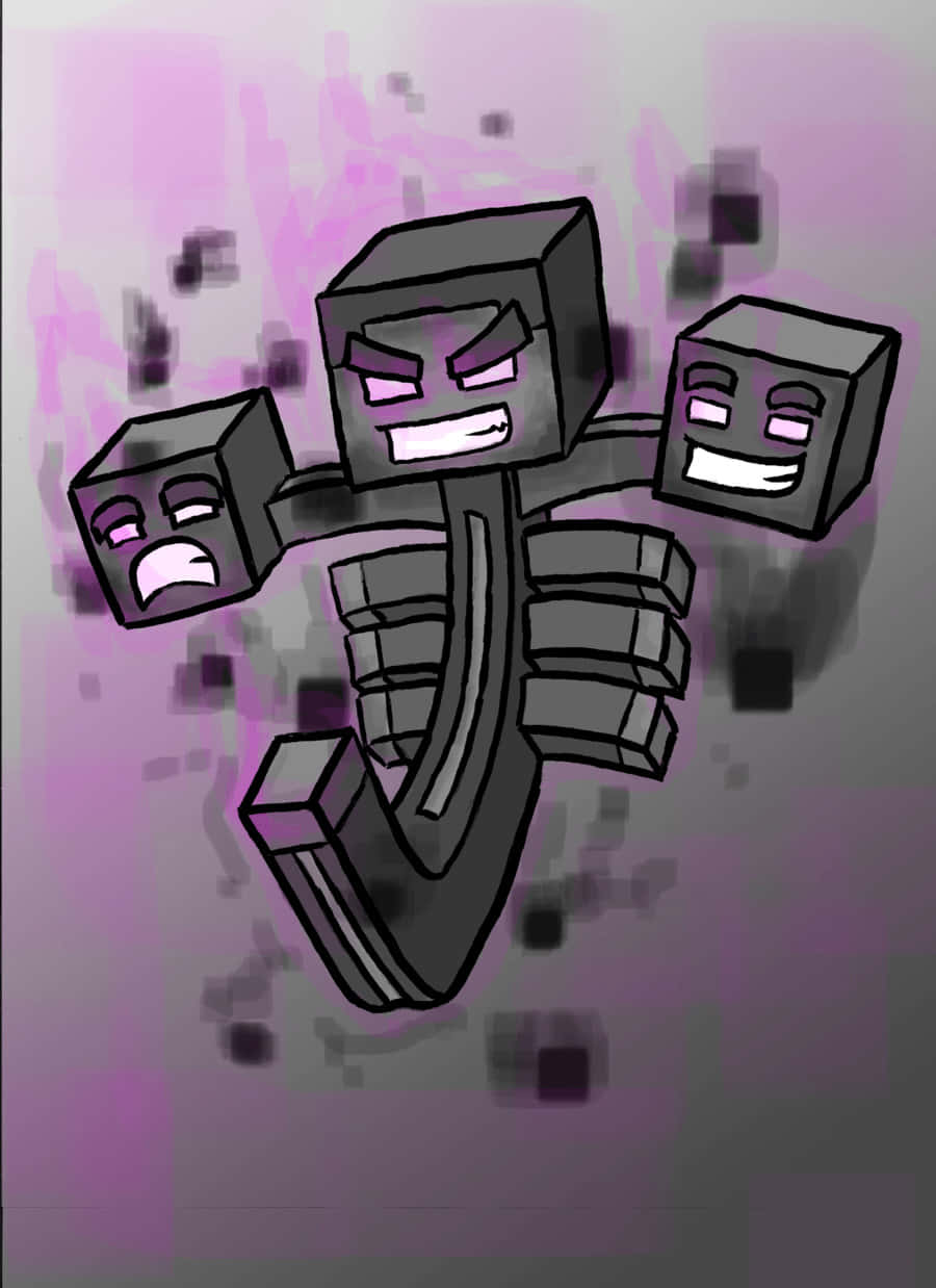 Minecraft Wither Boss, three distinct faces, purple pixelated background, SD Phone Wallpaper