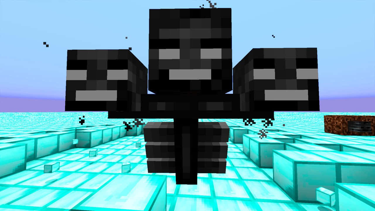 Minecraft Wither Boss, three pixelated black Endermen, glowing cyan ice blocks, HD Desktop Wallpaper
