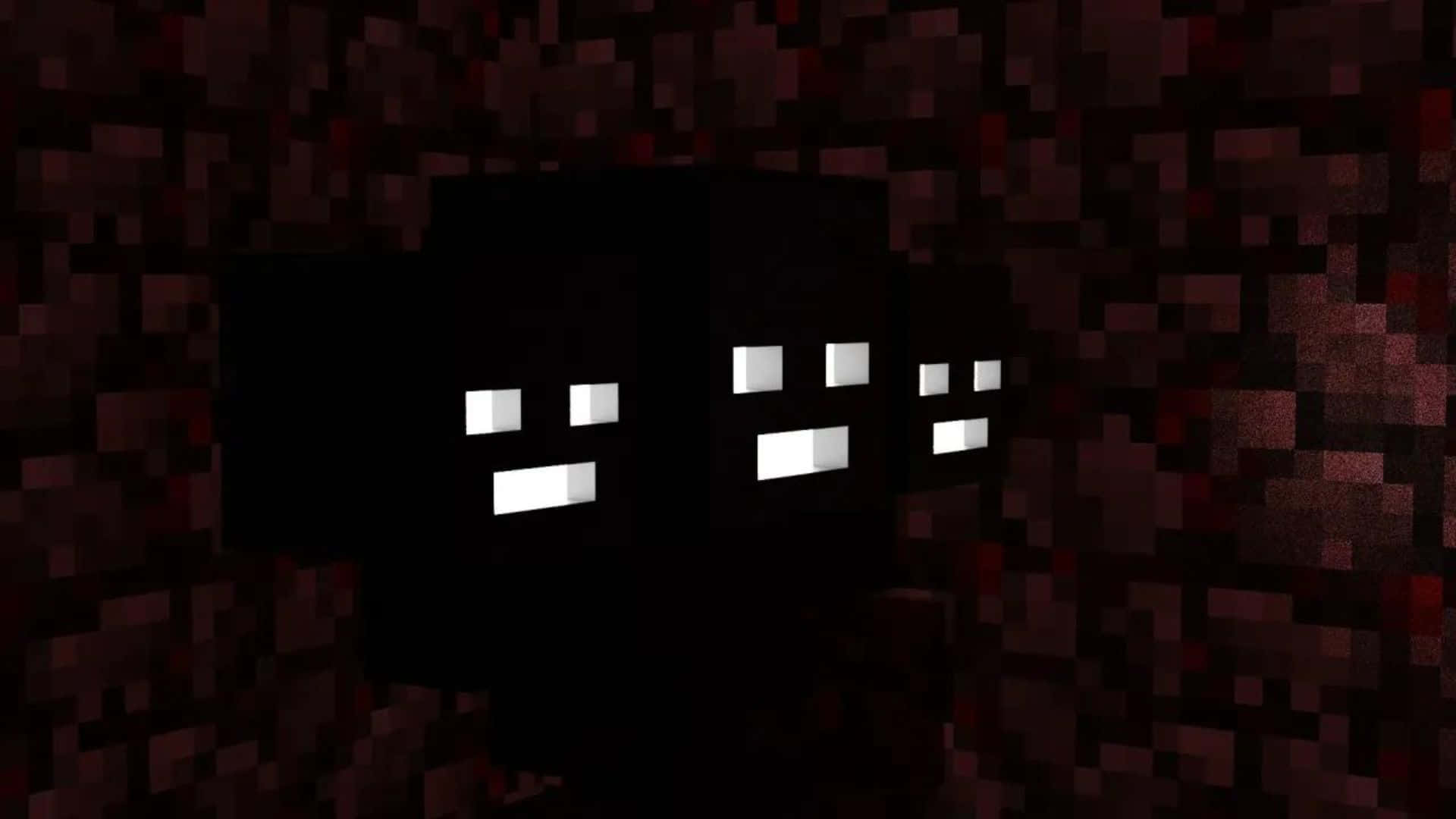 Minecraft Wither Boss, three pixelated black mobs, glowing white eyes, Full HD Desktop Wallpaper