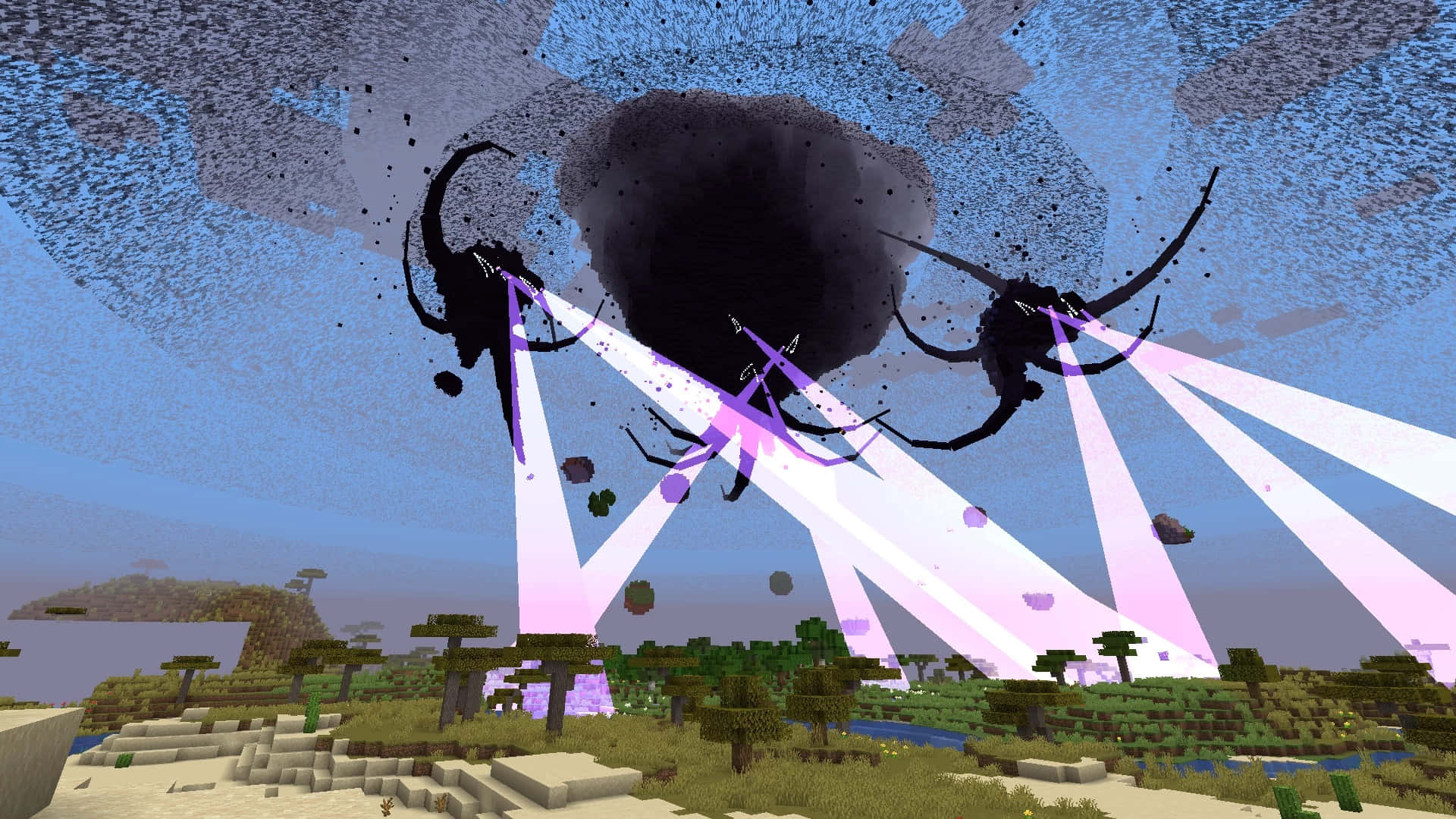 Minecraft Wither Boss, massive black creature, purple beams, Full HD Desktop Wallpaper