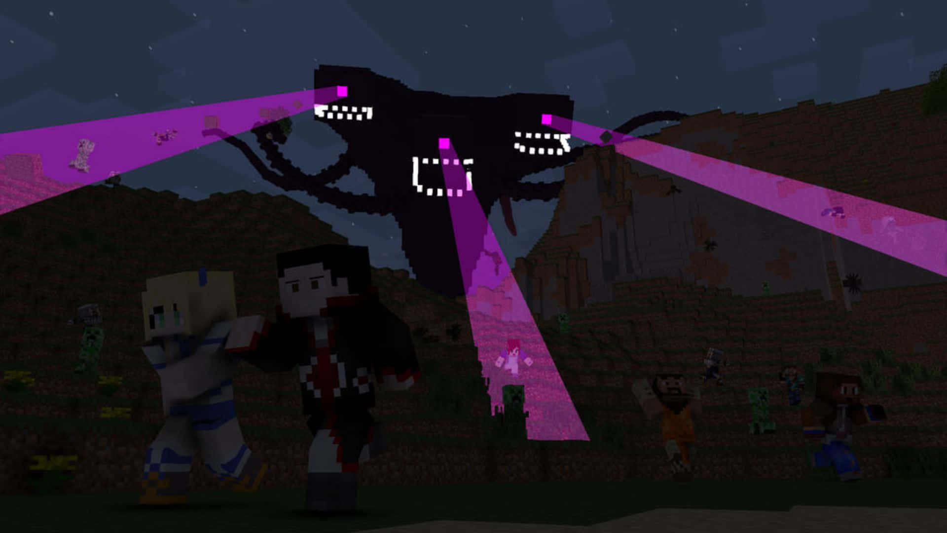 Minecraft Wither Boss, giant pixelated monster, purple beams, Full HD Desktop Wallpaper