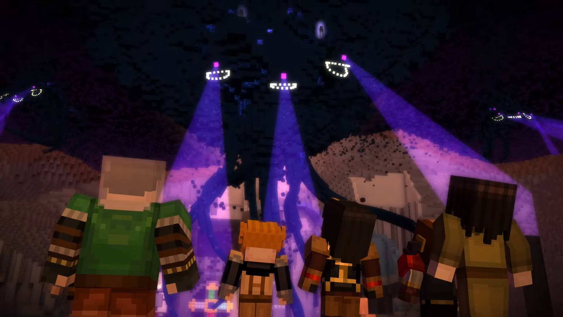 Minecraft Wither Boss, glowing purple spotlights, dark cavern ceiling, Full HD Desktop Wallpaper