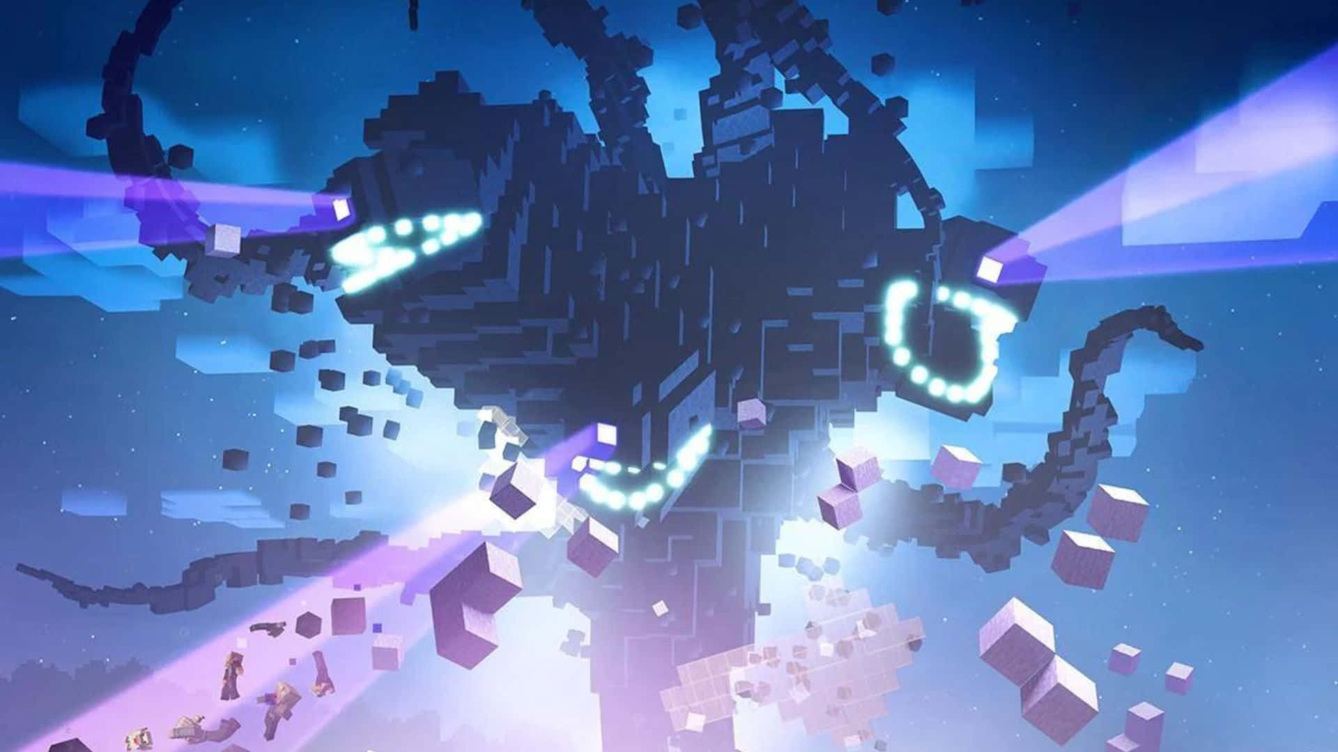 Minecraft Wither, glowing blue and purple tentacles, shattered blocky structure, Full HD Desktop Wallpaper
