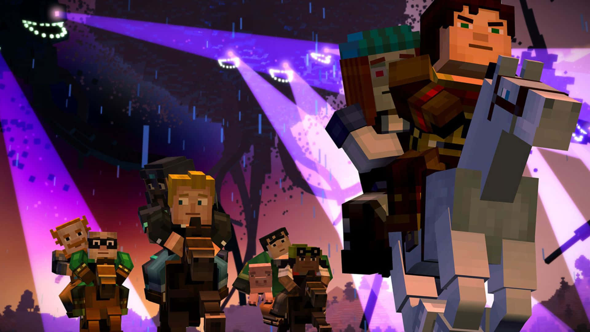 Minecraft Wither, vibrant purple stage lights, rainy nighttime concert scene, Full HD Desktop Wallpaper