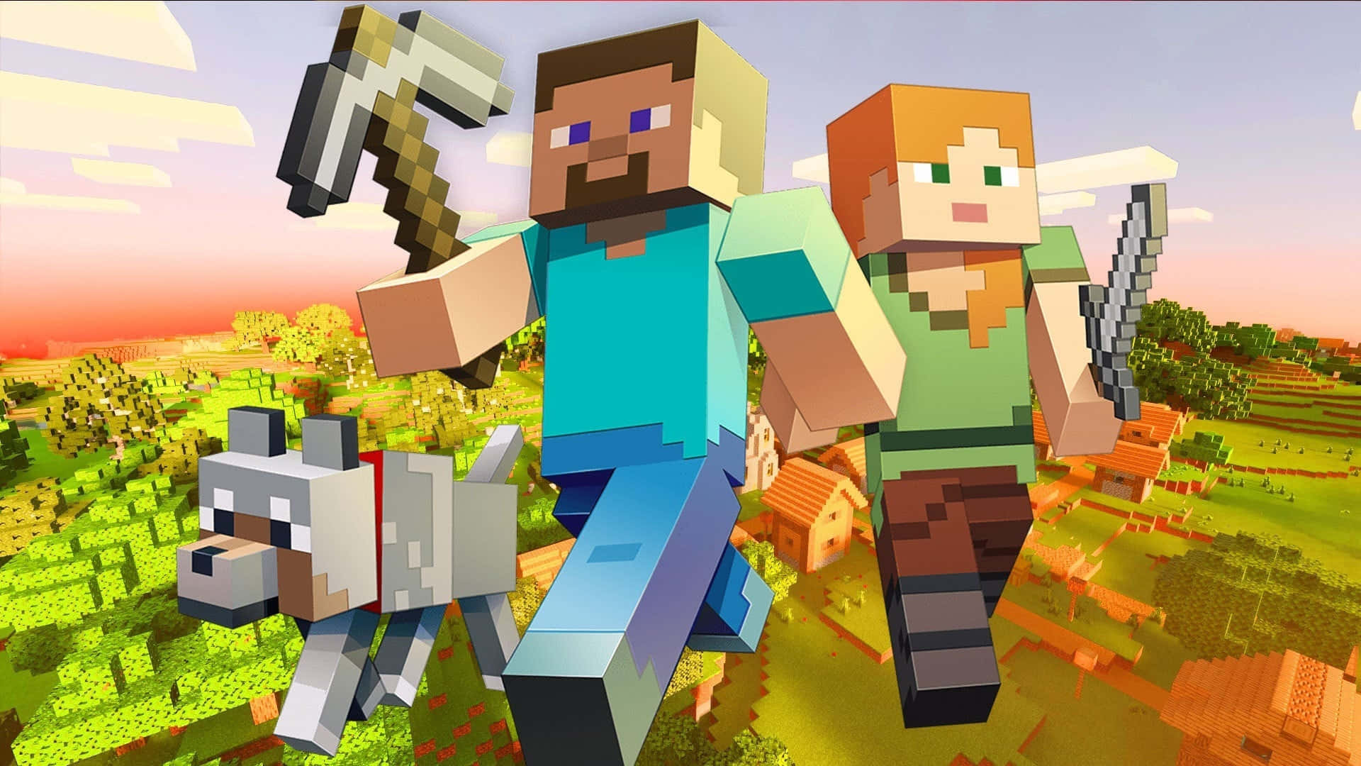 Minecraft Wolf, moonlight, blocky grassy landscape, Full HD Desktop Wallpaper