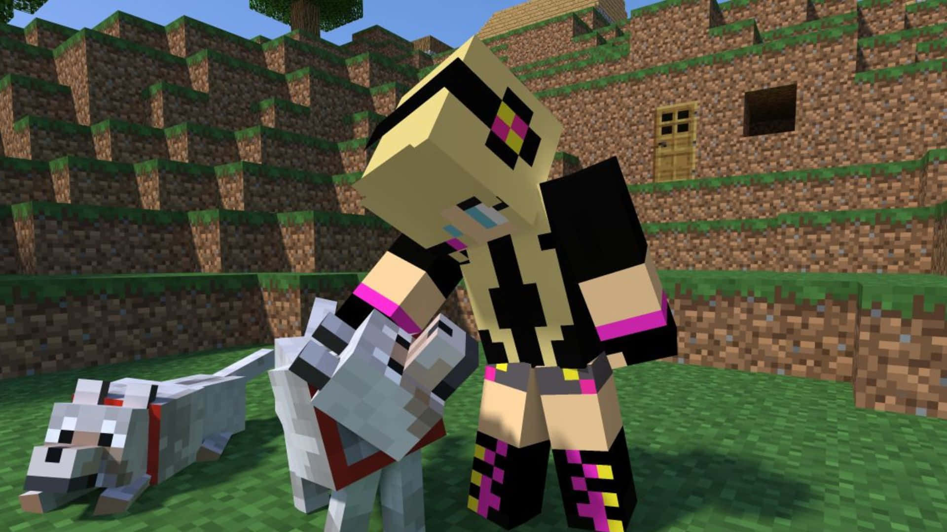 Minecraft Wolf, starry night sky, black and gold armor, Full HD Desktop Wallpaper