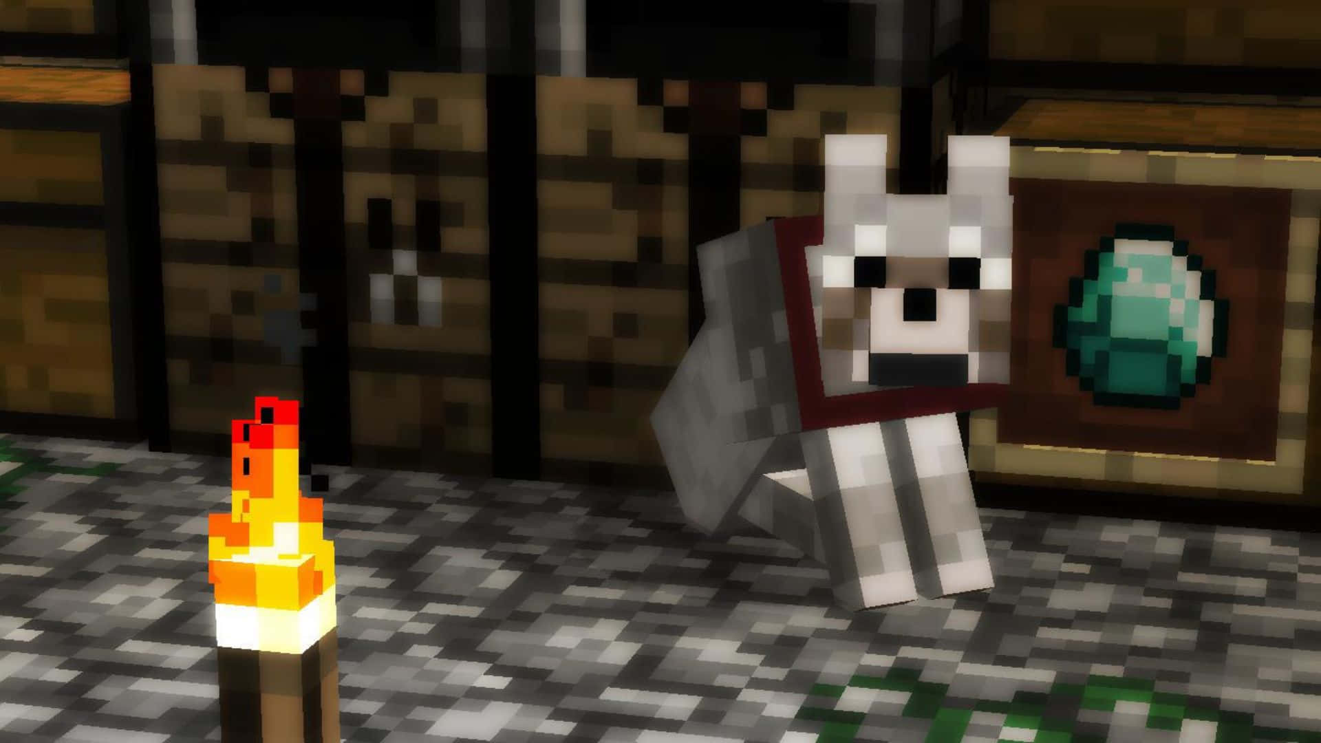 Minecraft wolf, torch, wooden cabin, Full HD Desktop Wallpaper