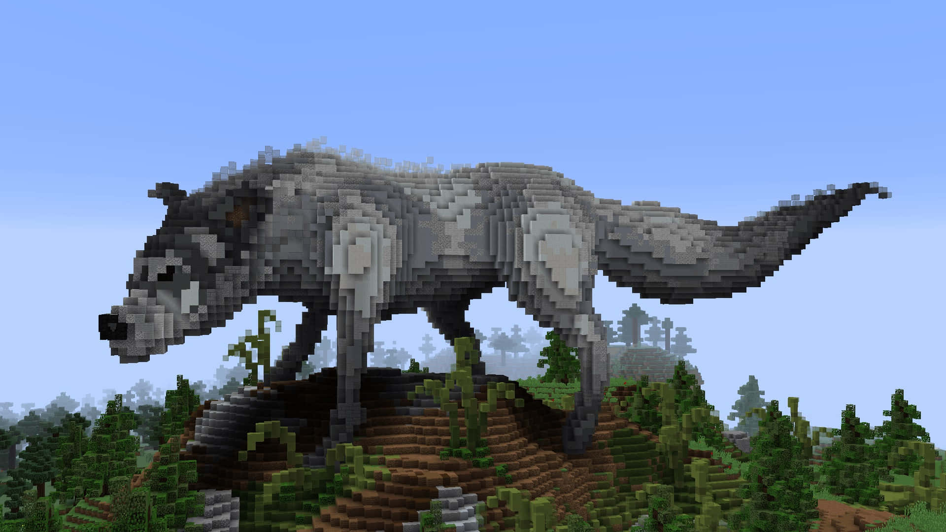 Minecraft Wolf, blocky forest, mossy hill, Full HD Desktop Wallpaper