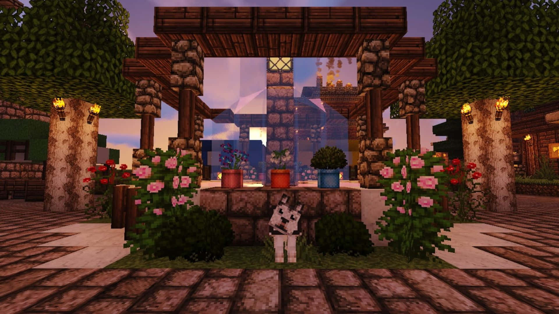 Minecraft Wolf, wooden archway, pink flowers, Full HD Desktop Wallpaper