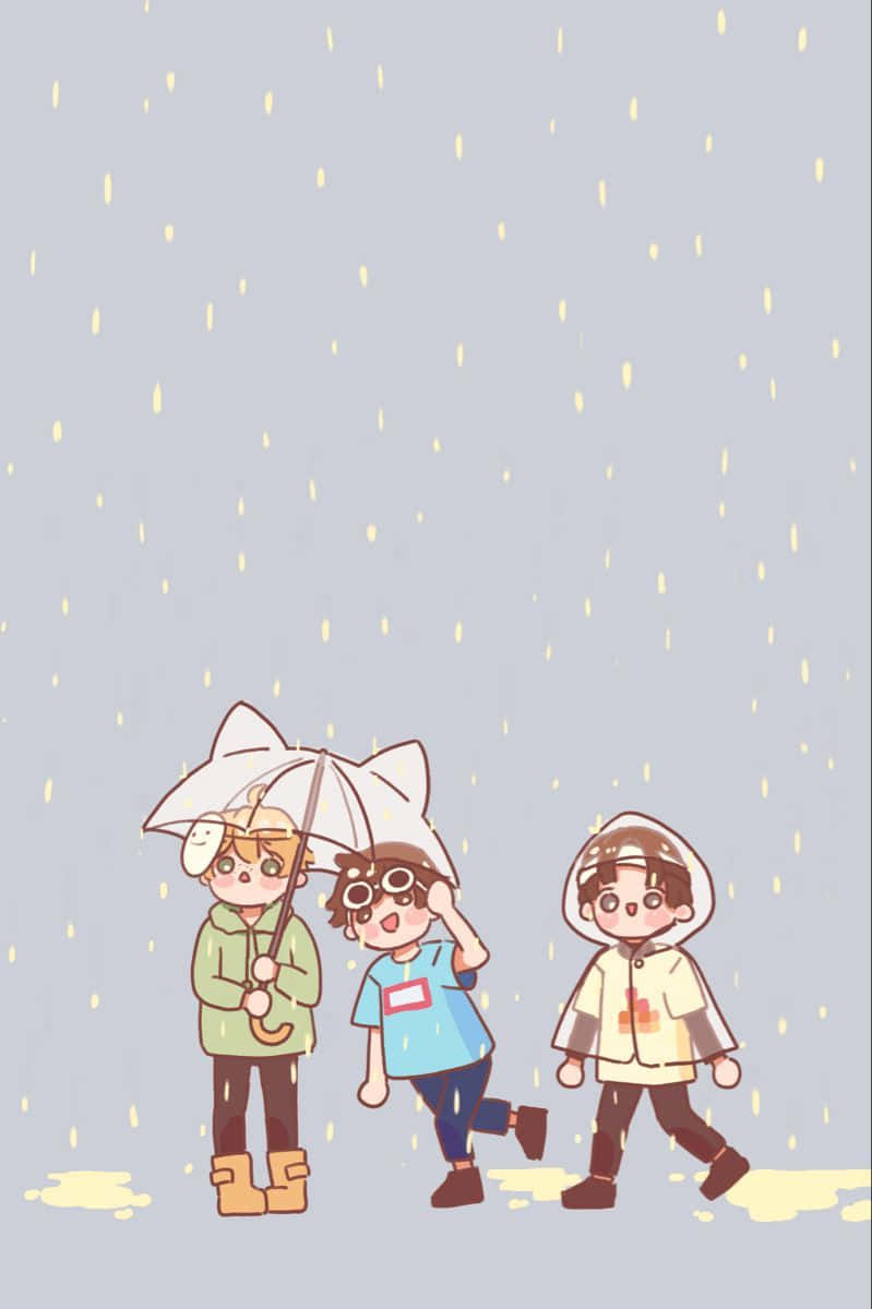 Minecraft Youtubers, anime-style friends, cat-ear umbrella, SD Phone Wallpaper