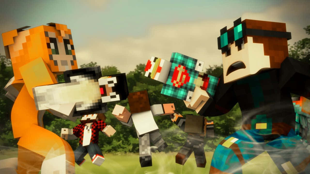 Minecraft YouTubers, Minecraft characters, outdoor battle, HD Desktop Wallpaper