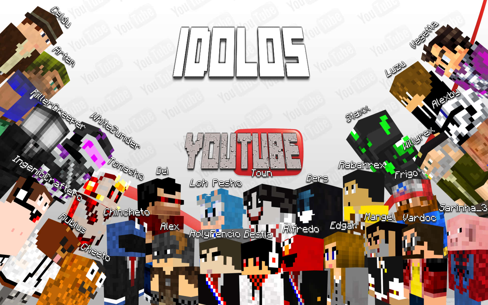 Minecraft YouTuber Squad, pixel-art collage, Minecraft-style YouTube personalities, Full HD Desktop Wallpaper